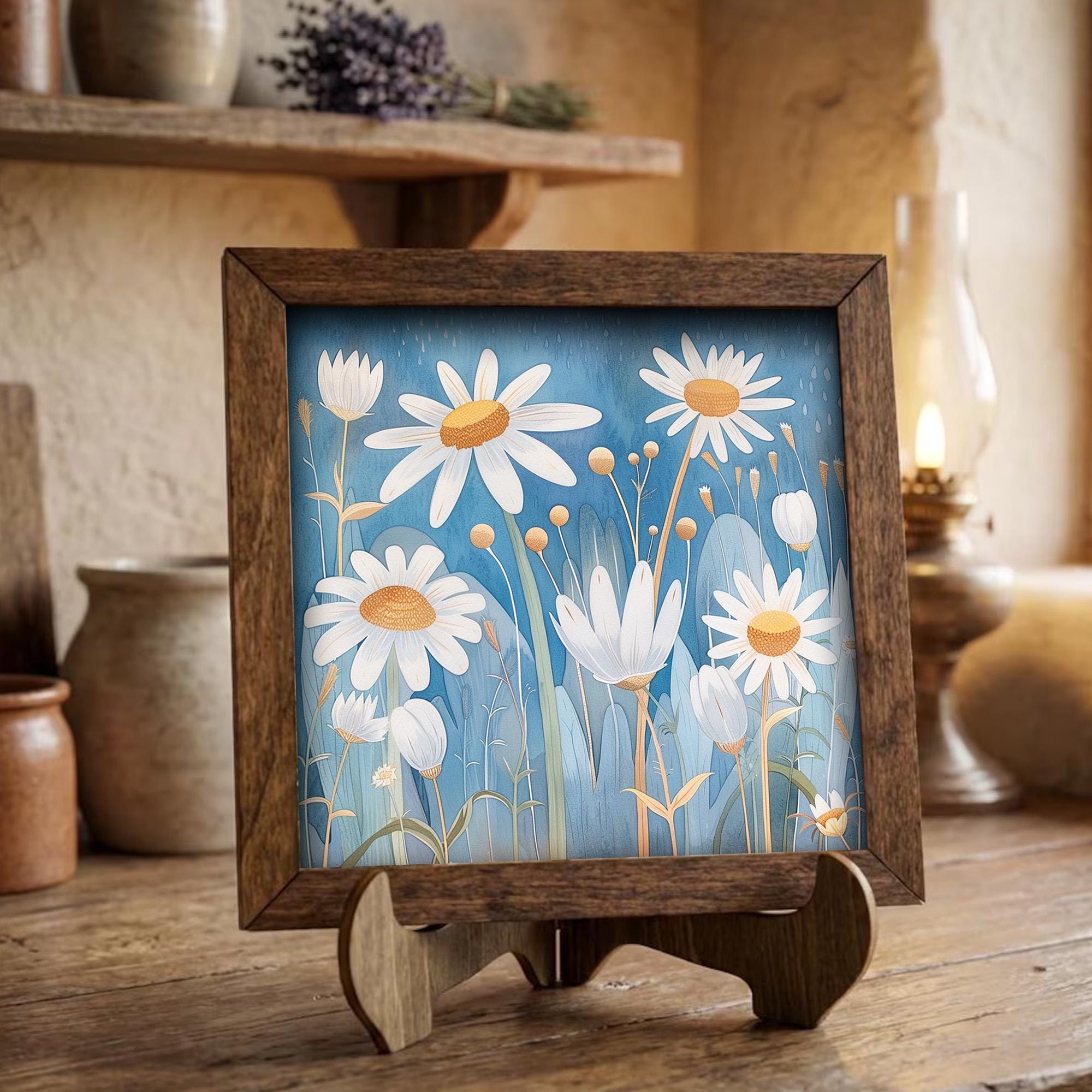 Whimsical Daisy Field Framed Art | White Flower Wall Decor | Blue Floral Easel Sign | Botanical Home Decor Gift - TheGrumpyRooster