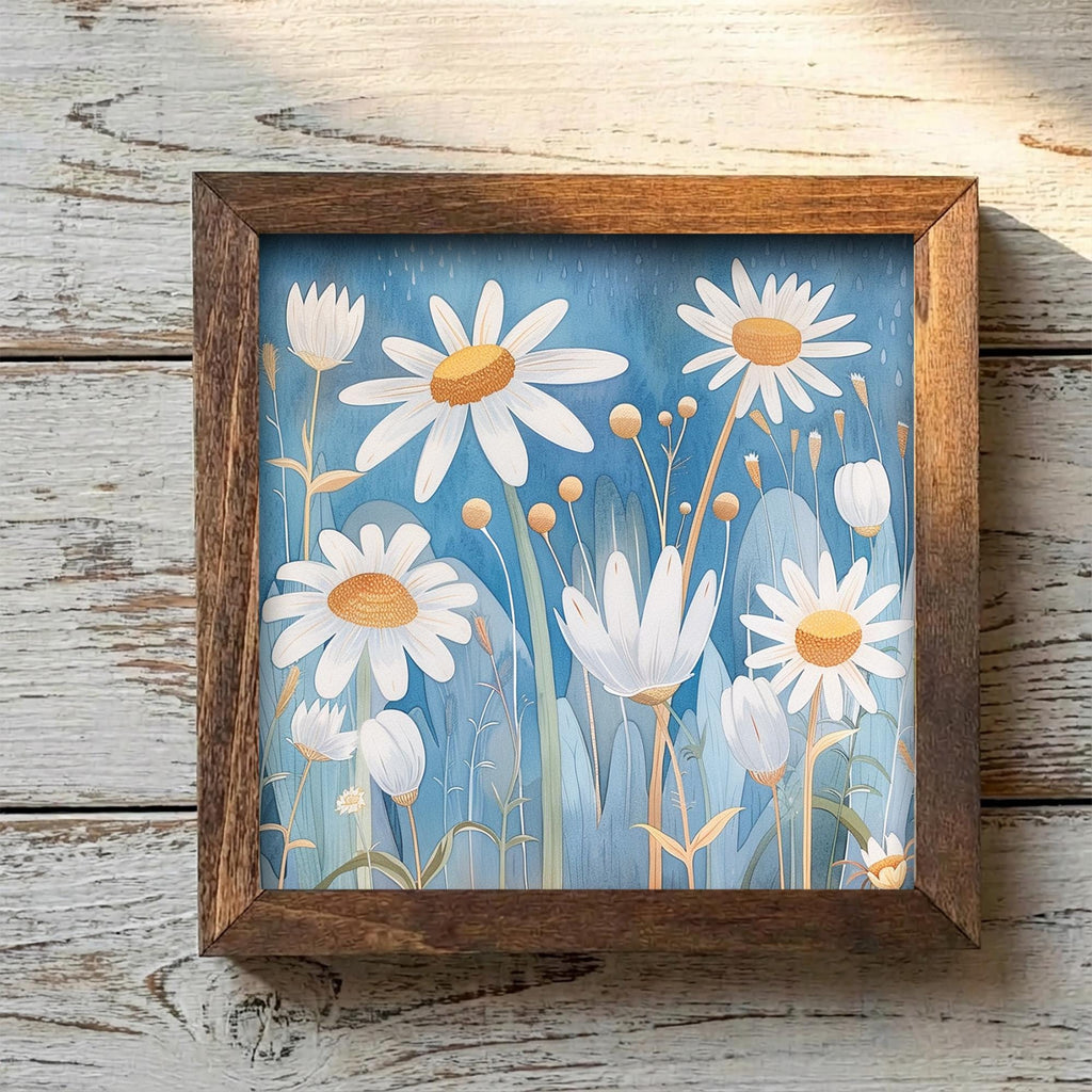 Whimsical Daisy Field Framed Art | White Flower Wall Decor | Blue Floral Easel Sign | Botanical Home Decor Gift - TheGrumpyRooster