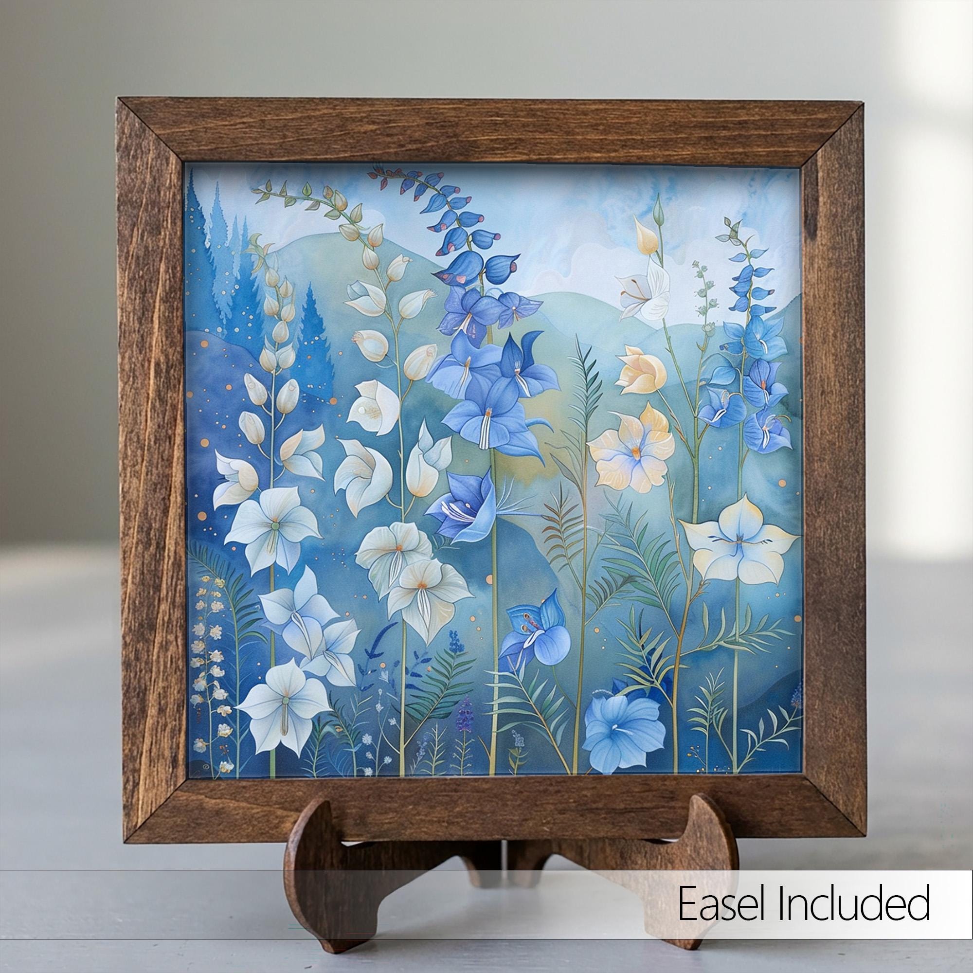 Whimsical Blue Bellflower Framed Art | Blue Flower Wall Decor | Floral Easel Sign | Botanical Home Decor Gift - TheGrumpyRooster