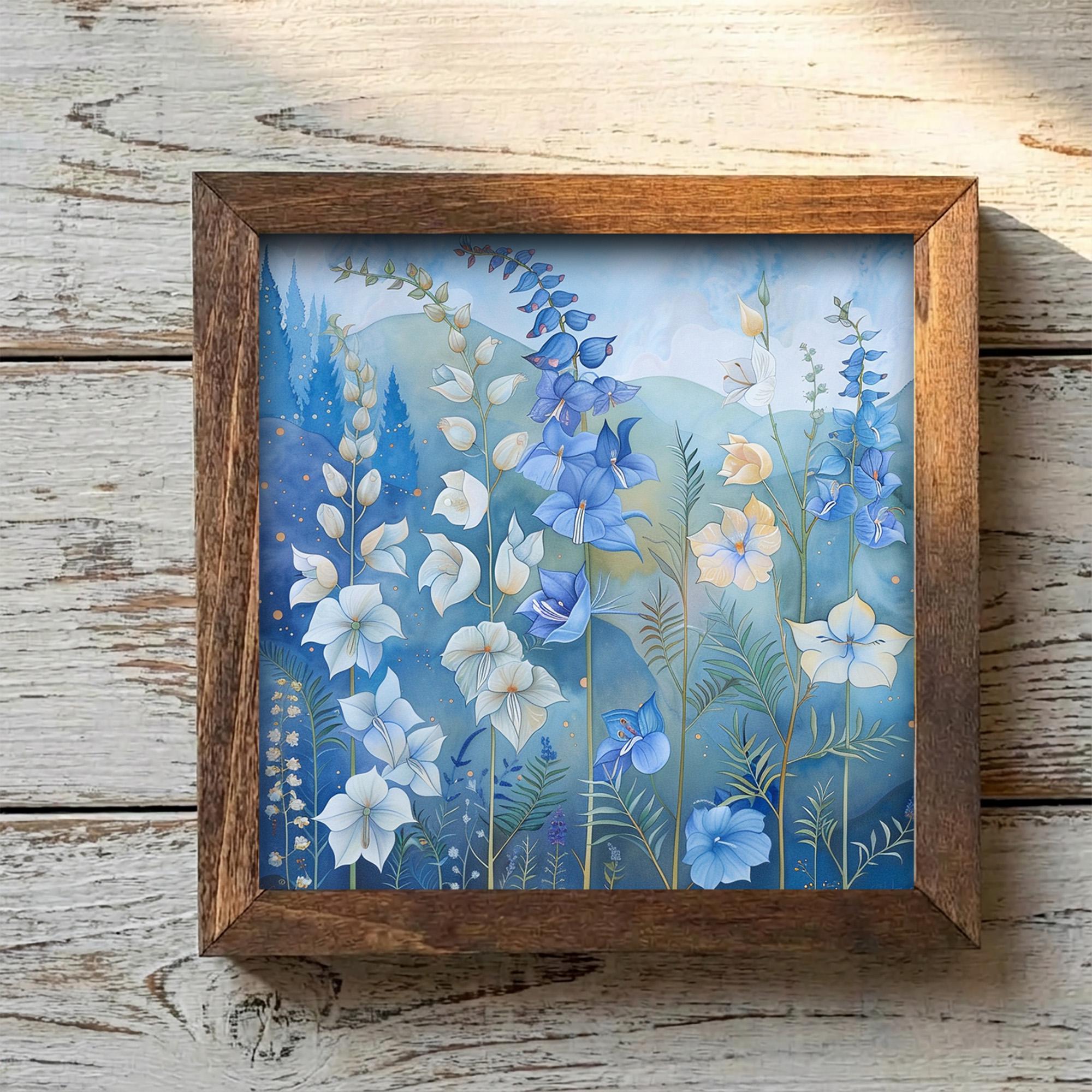 Whimsical Blue Bellflower Framed Art | Blue Flower Wall Decor | Floral Easel Sign | Botanical Home Decor Gift - TheGrumpyRooster