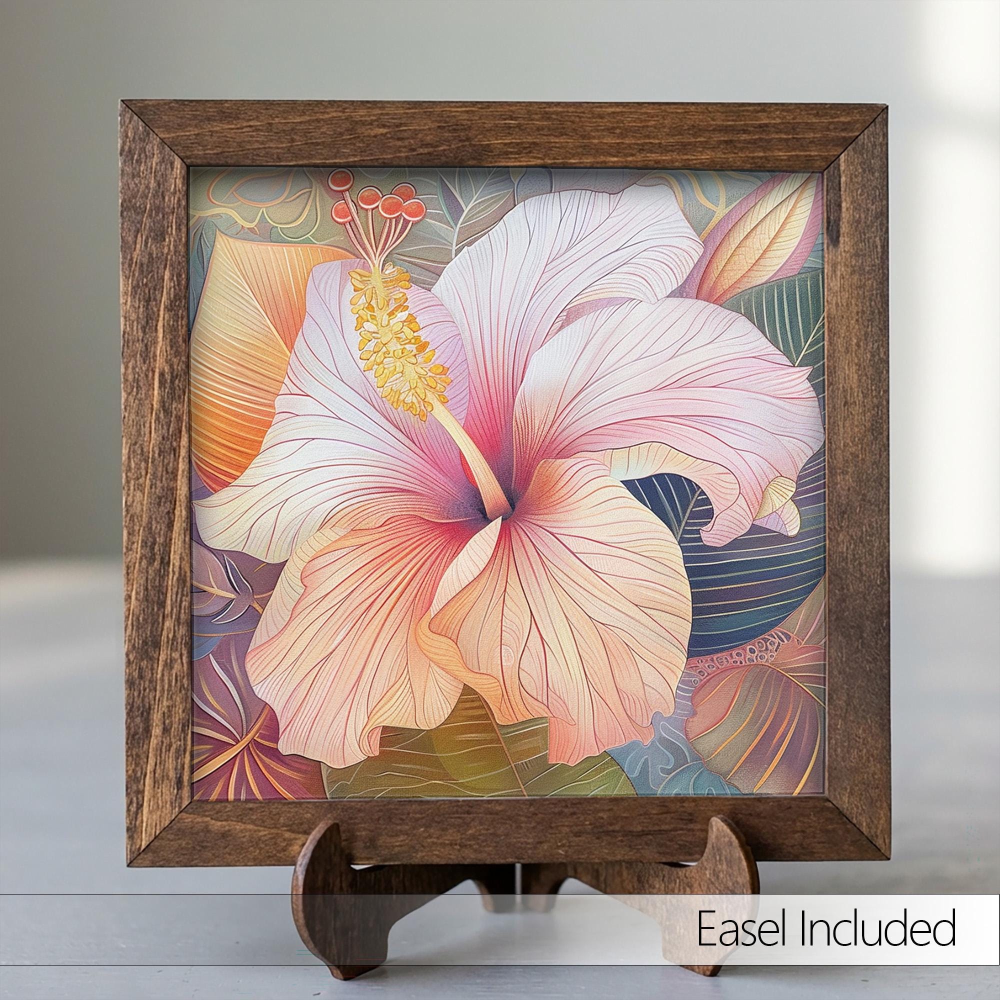 Whimsical Hibiscus Framed Art | Tropical Flower Wall Decor | Pink Floral Easel Sign | Botanical Home Decor Gift - TheGrumpyRooster