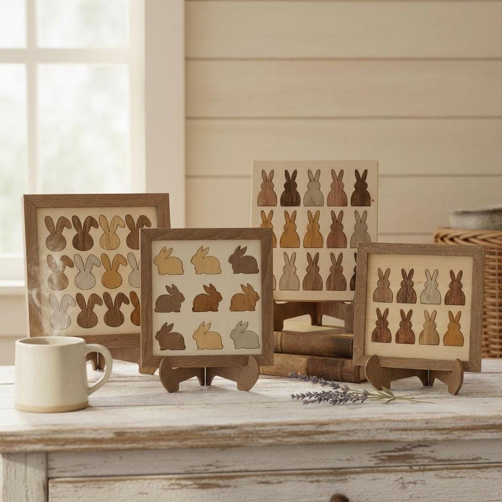 Farmhouse Bunny Grid Wall Art Collection | Set of 4 Layered Wood Panels | Cottage Home Decor Bundle Gift - TheGrumpyRooster