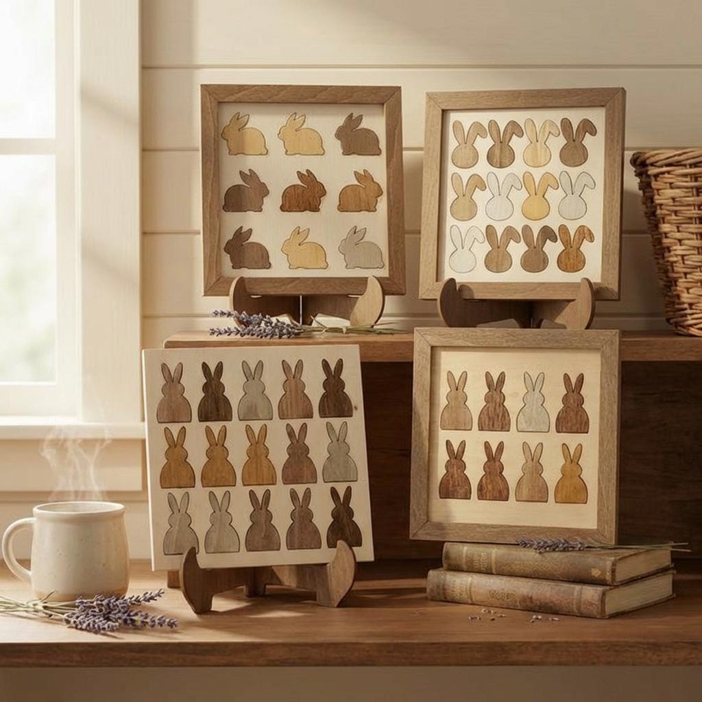 Farmhouse Bunny Grid Wall Art Collection | Set of 4 Layered Wood Panels | Cottage Home Decor Bundle Gift - TheGrumpyRooster