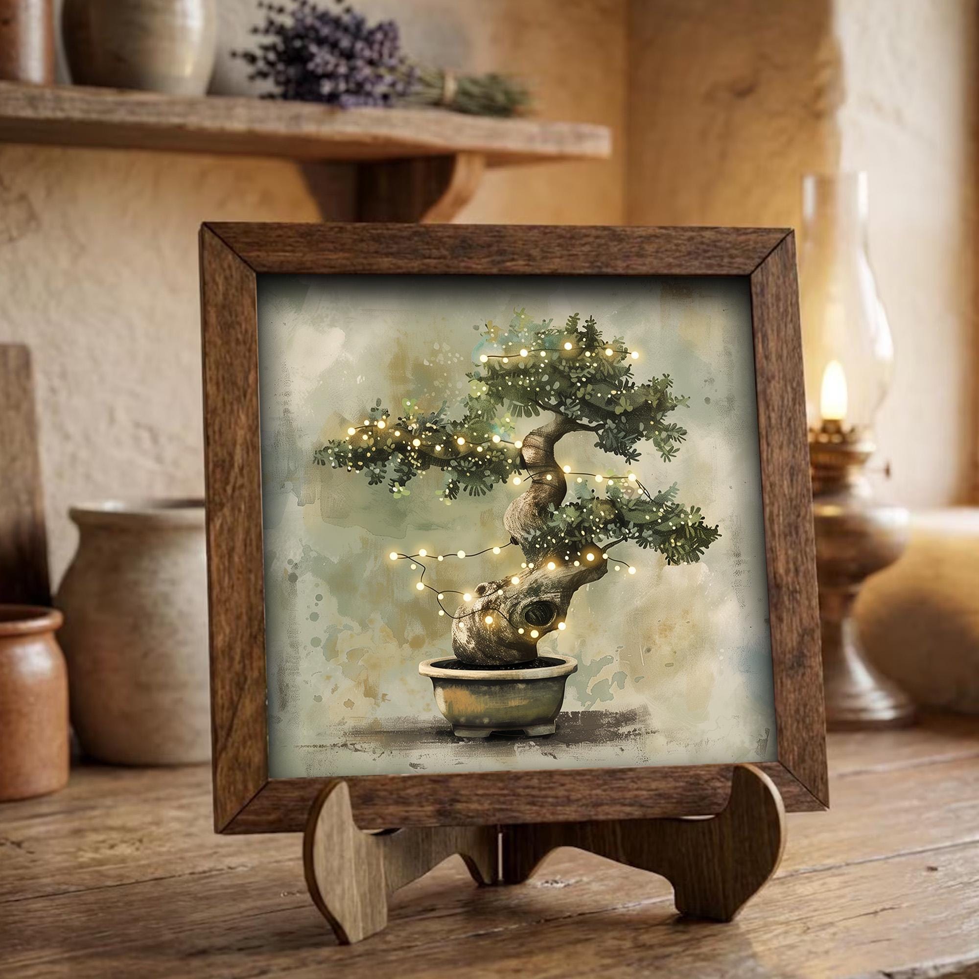 Bonsai Tree Fairy Lights Wall Art | Zen Watercolor Print | Boho Cottagecore Home Decor | Framed Nature Gift | Enchanting Botanical Art - TheGrumpyRooster