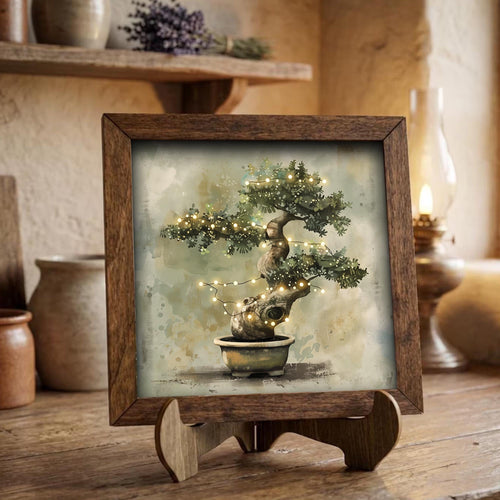 Bonsai Tree Fairy Lights Wall Art | Zen Watercolor Print | Boho Cottagecore Home Decor | Framed Nature Gift | Enchanting Botanical Art - TheGrumpyRooster