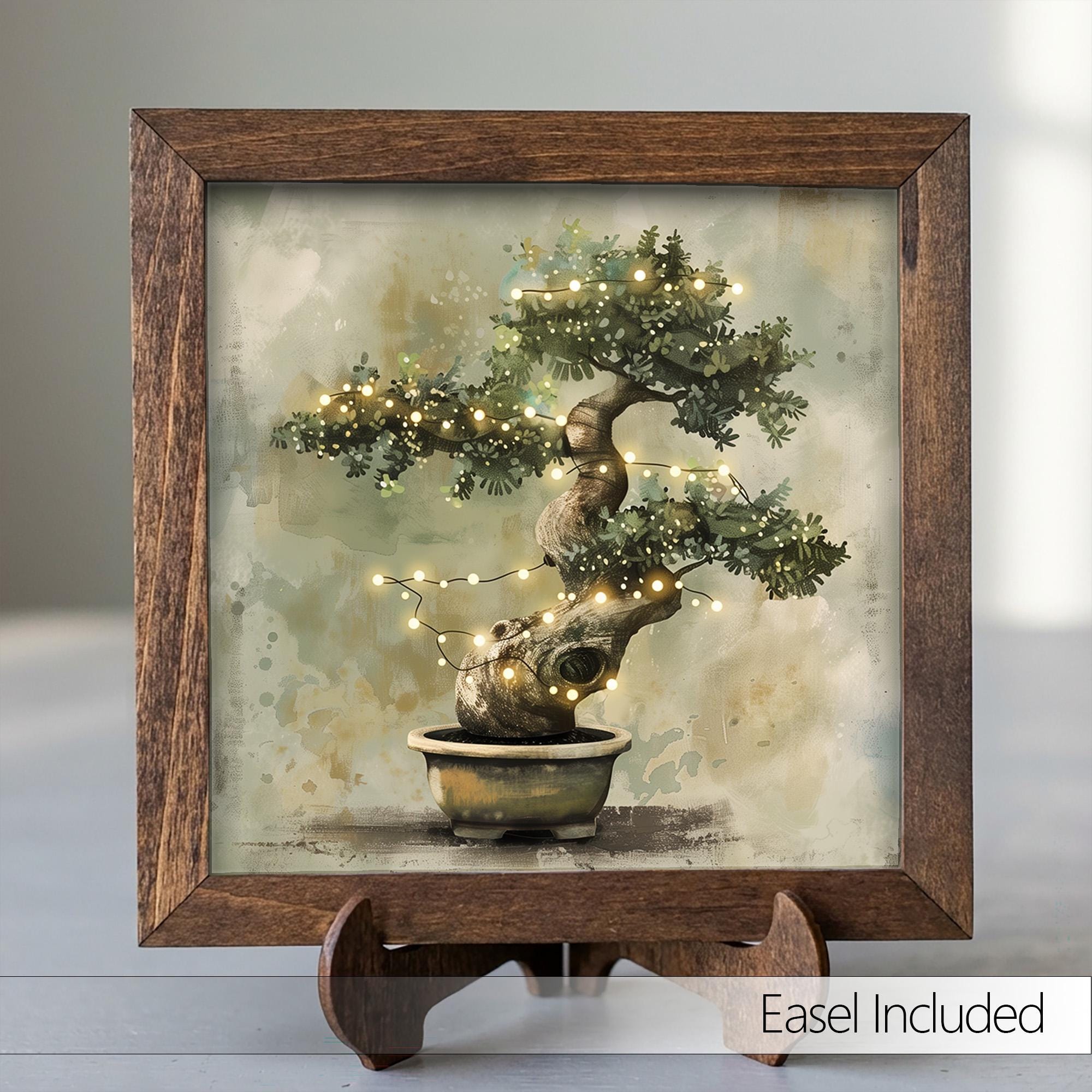 Bonsai Tree Fairy Lights Wall Art | Zen Watercolor Print | Boho Cottagecore Home Decor | Framed Nature Gift | Enchanting Botanical Art - TheGrumpyRooster