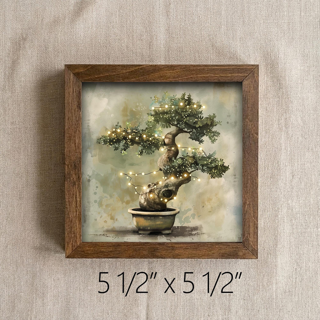 Bonsai Tree Fairy Lights Wall Art | Zen Watercolor Print | Boho Cottagecore Home Decor | Framed Nature Gift | Enchanting Botanical Art - TheGrumpyRooster