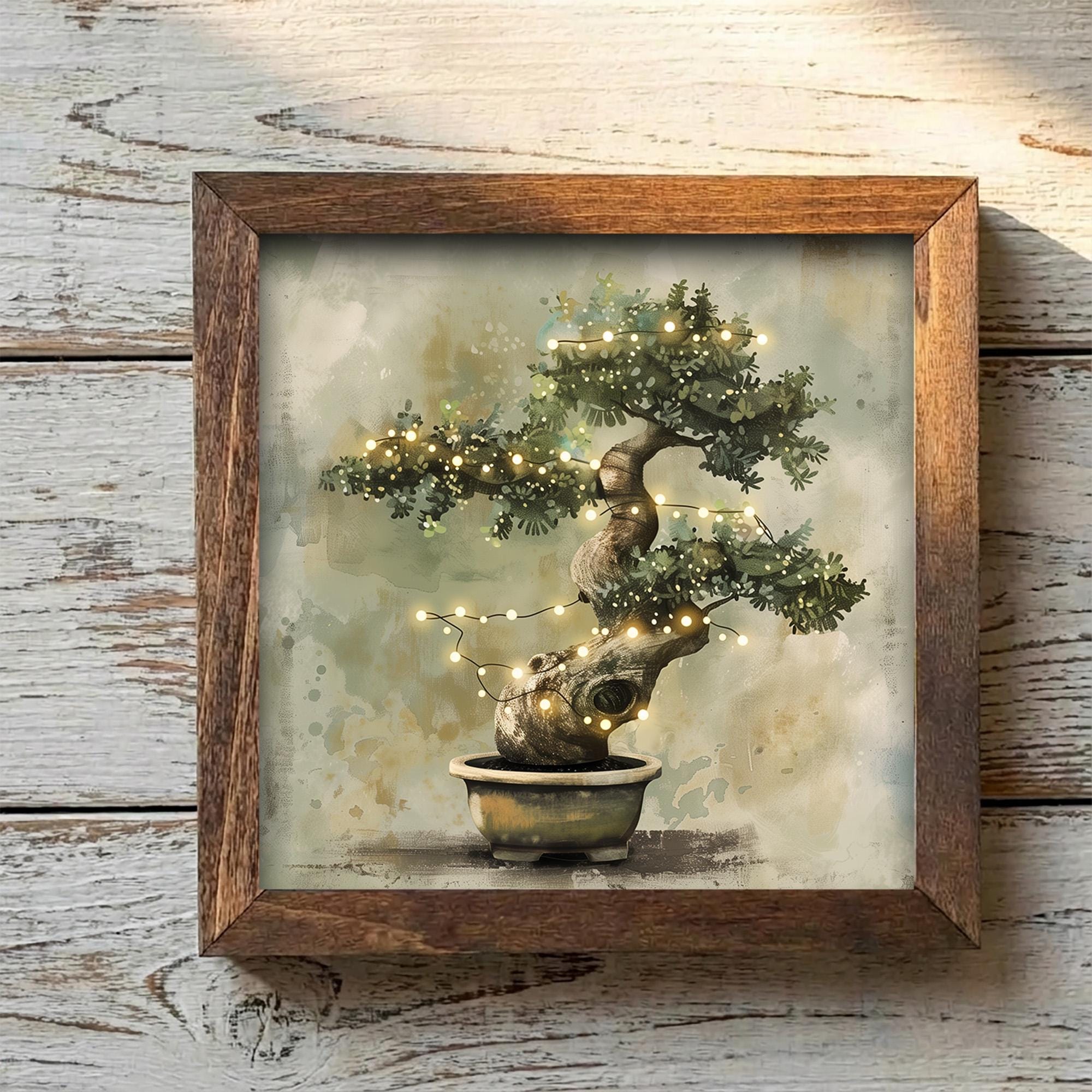 Bonsai Tree Fairy Lights Wall Art | Zen Watercolor Print | Boho Cottagecore Home Decor | Framed Nature Gift | Enchanting Botanical Art - TheGrumpyRooster