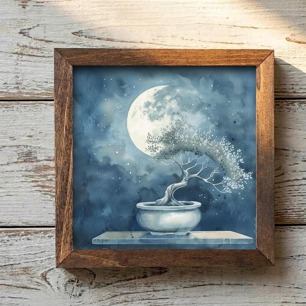 Moonlit Bonsai Tree Wall Art Print | Zen Watercolor Painting | Boho Home Decor Gift | Celestial Nature Art - TheGrumpyRooster