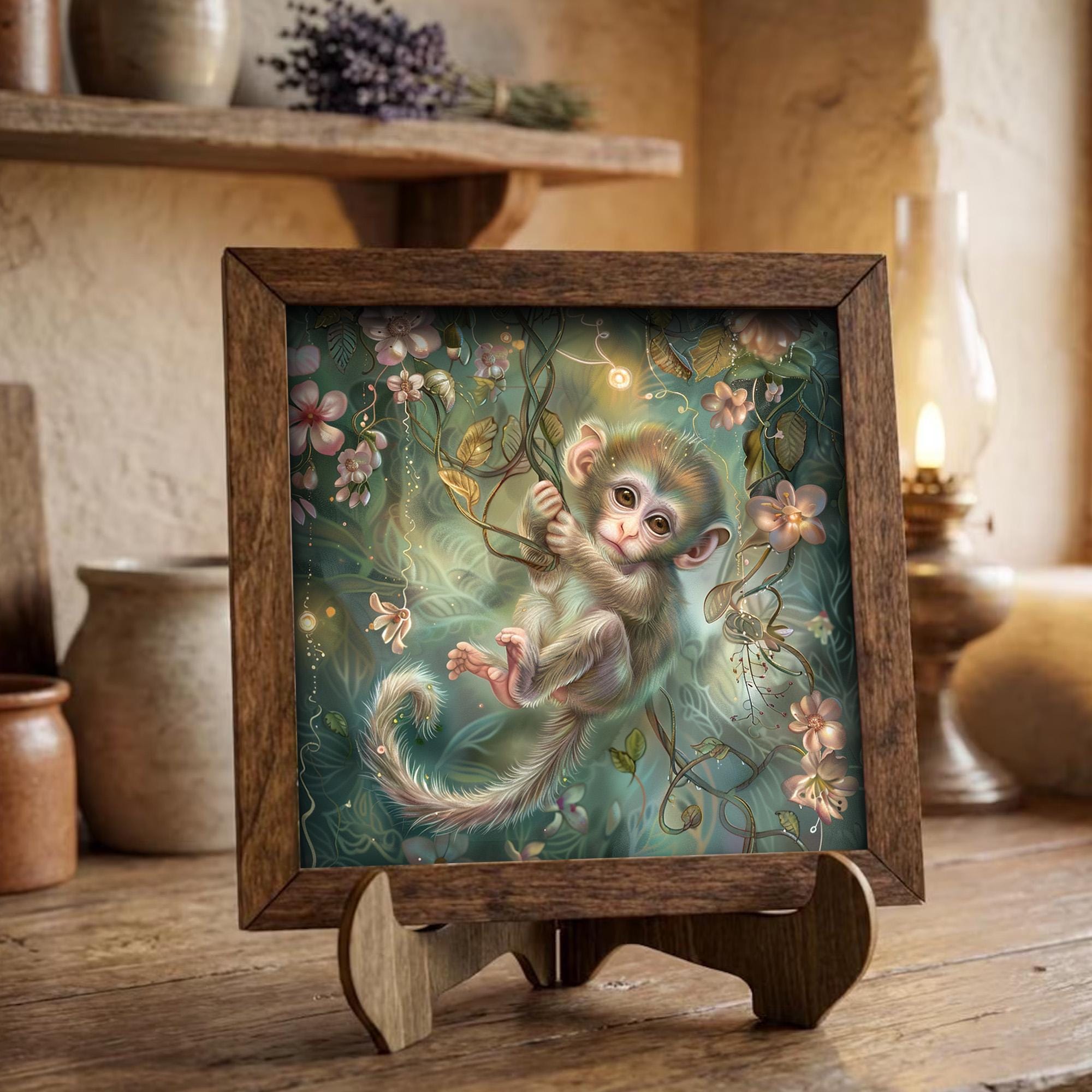 Enchanted Baby Monkey Print | Magical Nursery Wall Art | Whimsical Jungle Decor | Boho Kids Room Gift | Fantasy Animal Poster - TheGrumpyRooster