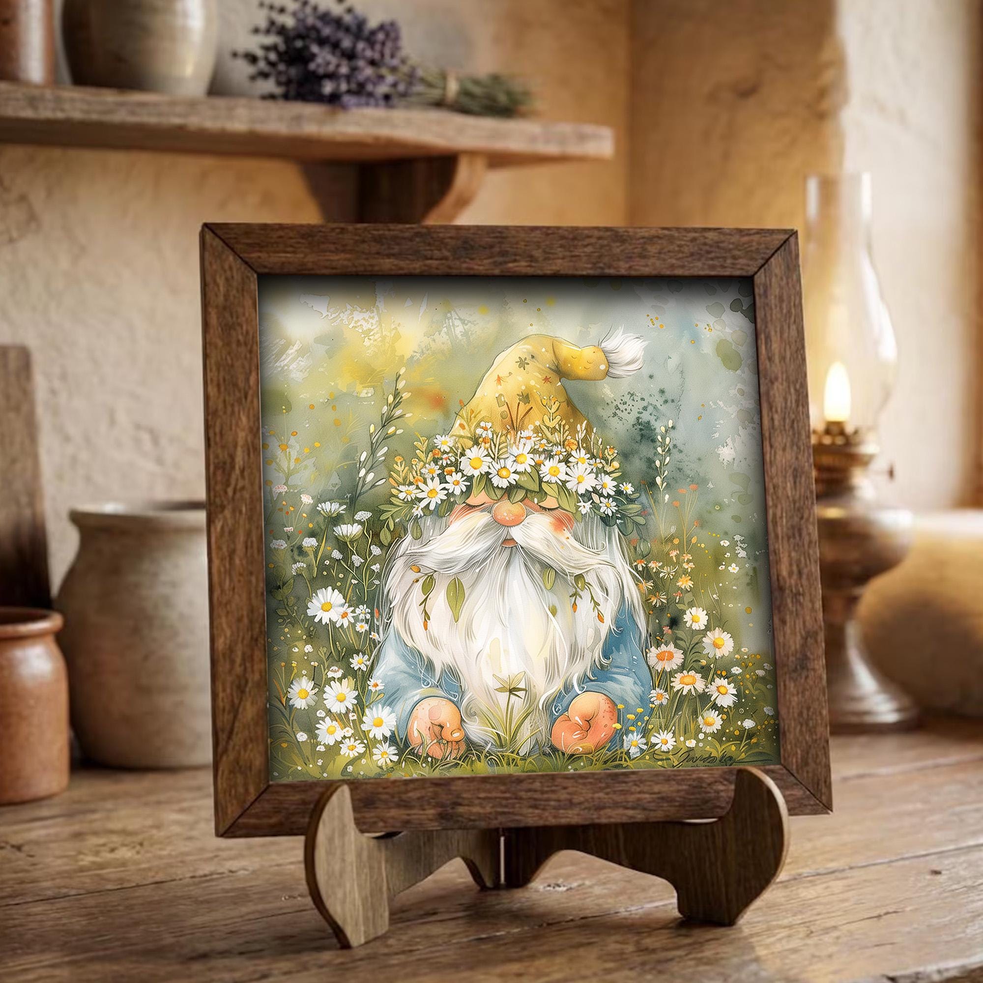 Spring Gnome Framed Art Print | Whimsical Floral Wall Decor | Cottagecore Gift | Farmhouse Shelf Decor | Daisy Gnome Home Decor - TheGrumpyRooster