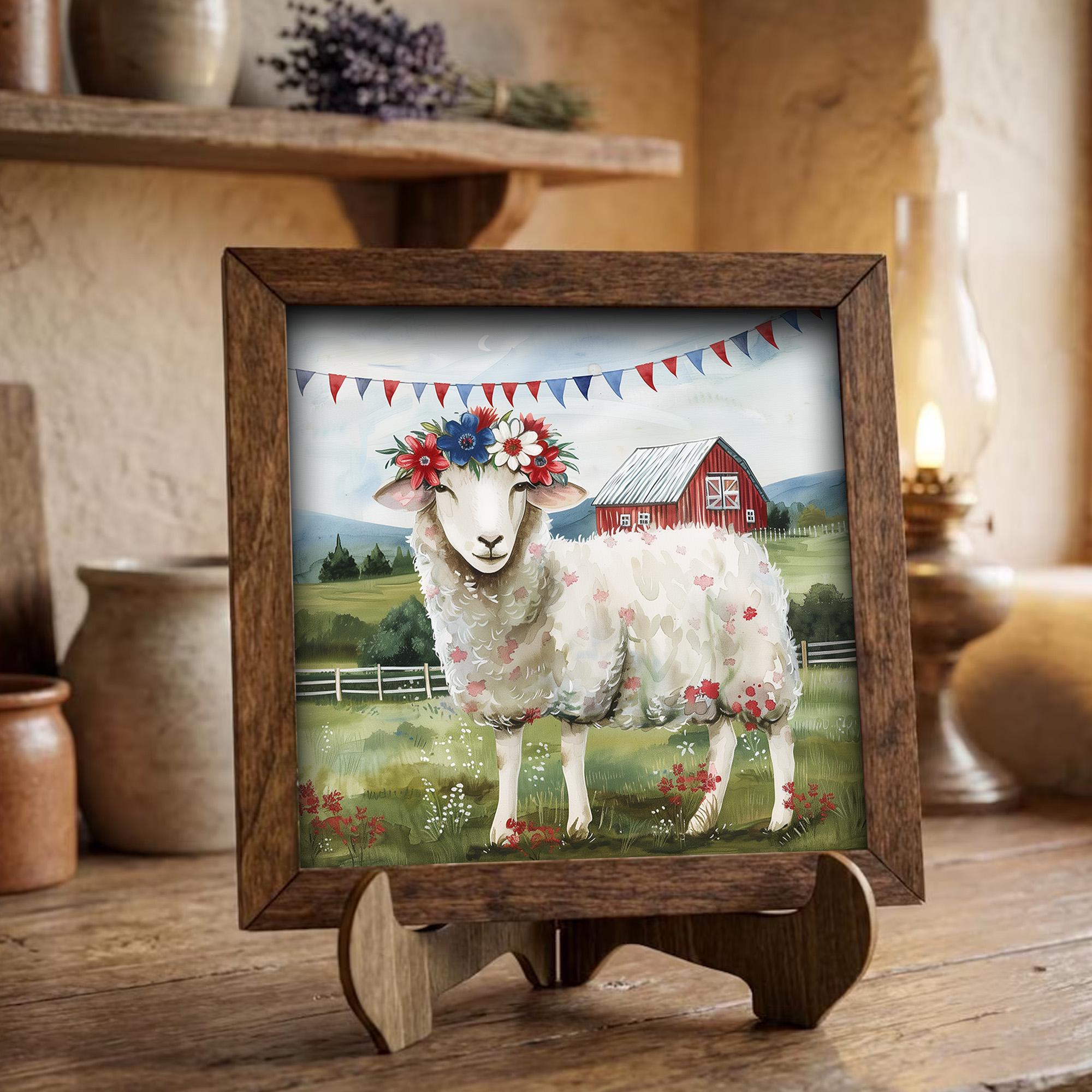 Patriotic Sheep Sign | 4th of July Farmhouse Decor | Rustic Tiered Tray | Red White Blue Farm Animal | Independence Day Gift - TheGrumpyRooster