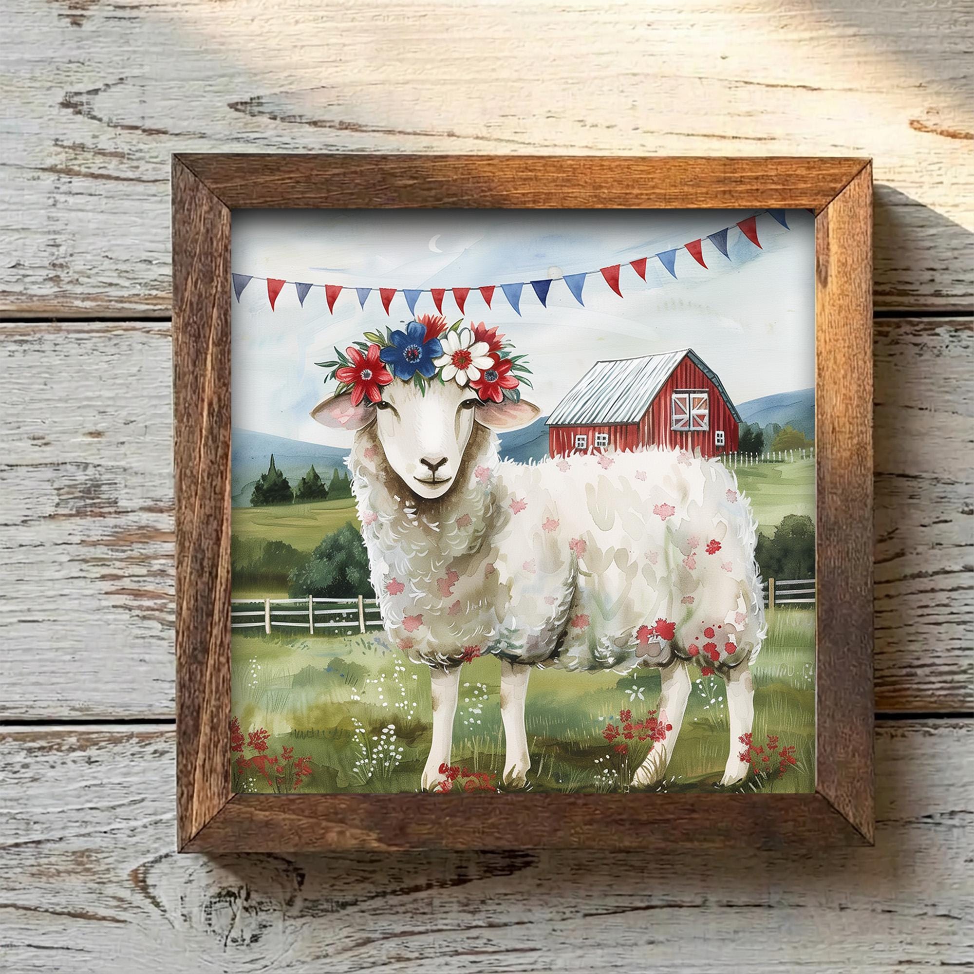 Patriotic Sheep Sign | 4th of July Farmhouse Decor | Rustic Tiered Tray | Red White Blue Farm Animal | Independence Day Gift - TheGrumpyRooster