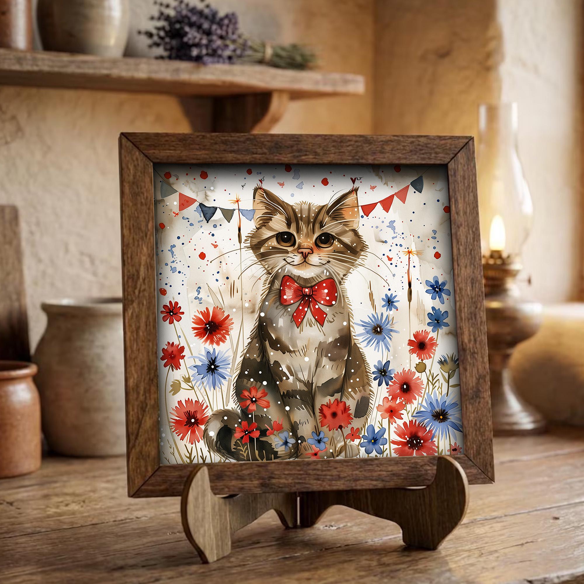 Patriotic Cat Wall Art Print | 4th of July Cat Lover Gift | Red White Blue Floral Kitten Decor | Independence Day Farmhouse Sign - TheGrumpyRooster