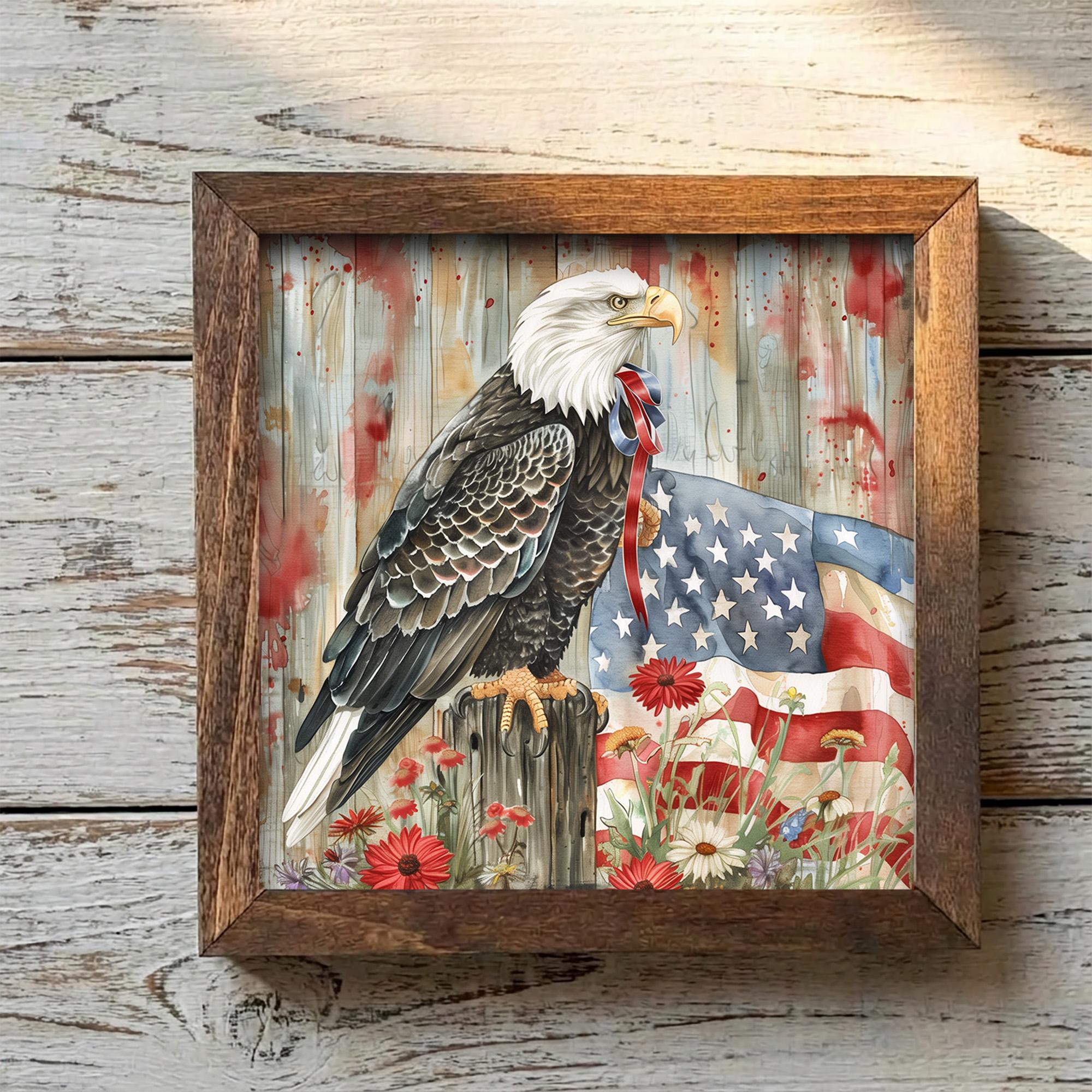 Patriotic Bald Eagle Sign | American Flag Wall Decor | 4th of July Gift | Rustic Farmhouse USA Pride | Wood Framed Patriotic Home Decor - TheGrumpyRooster