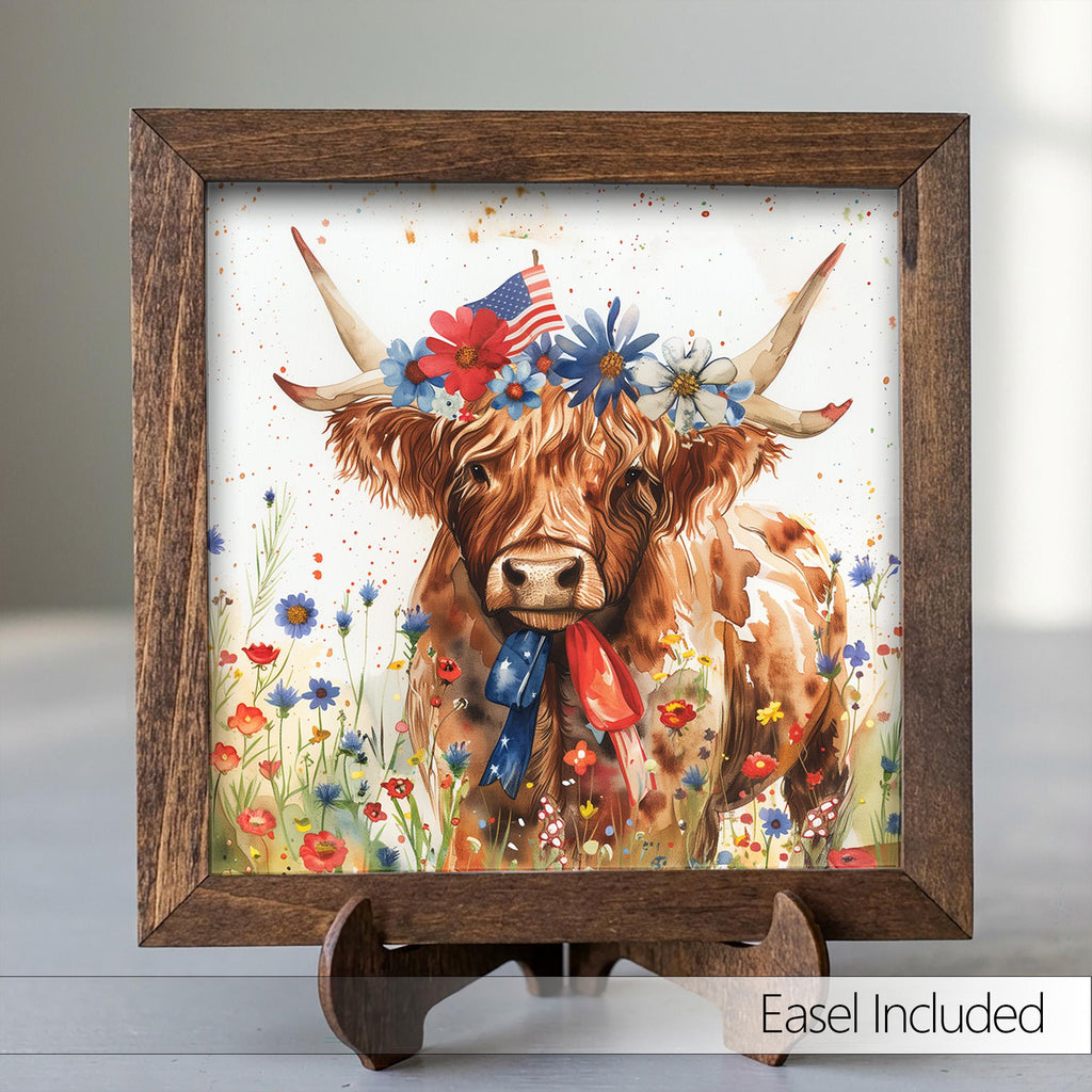 Patriotic Highland Cow Wall Art | 4th of July Farmhouse Decor | Rustic Country Home Gift | Wildflower Print Sign - TheGrumpyRooster