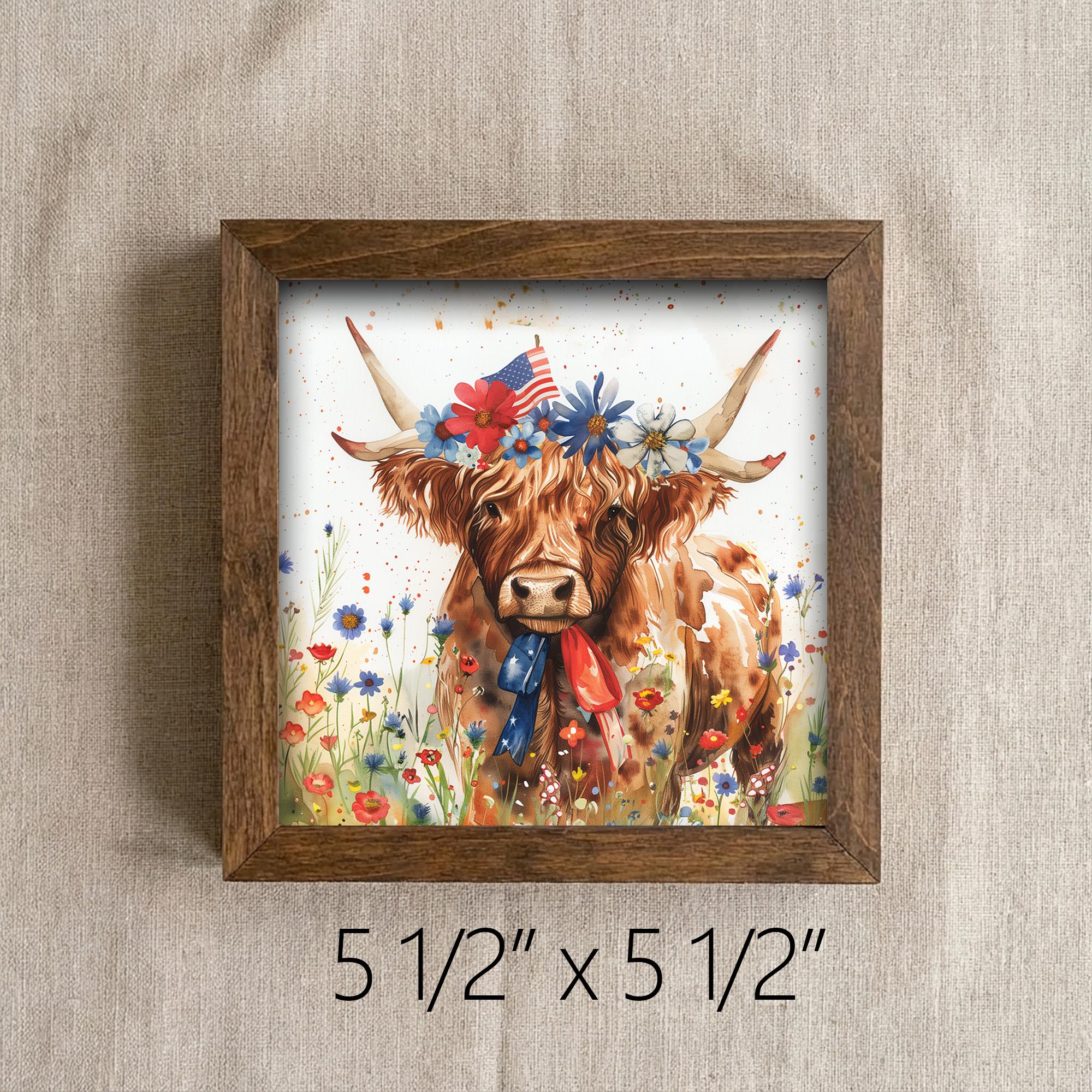 Patriotic Highland Cow Wall Art | 4th of July Farmhouse Decor | Rustic Country Home Gift | Wildflower Print Sign - TheGrumpyRooster