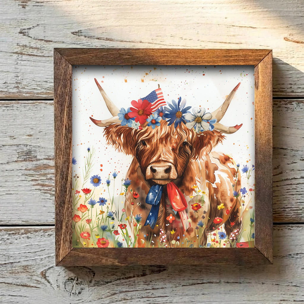 Patriotic Highland Cow Wall Art | 4th of July Farmhouse Decor | Rustic Country Home Gift | Wildflower Print Sign - TheGrumpyRooster