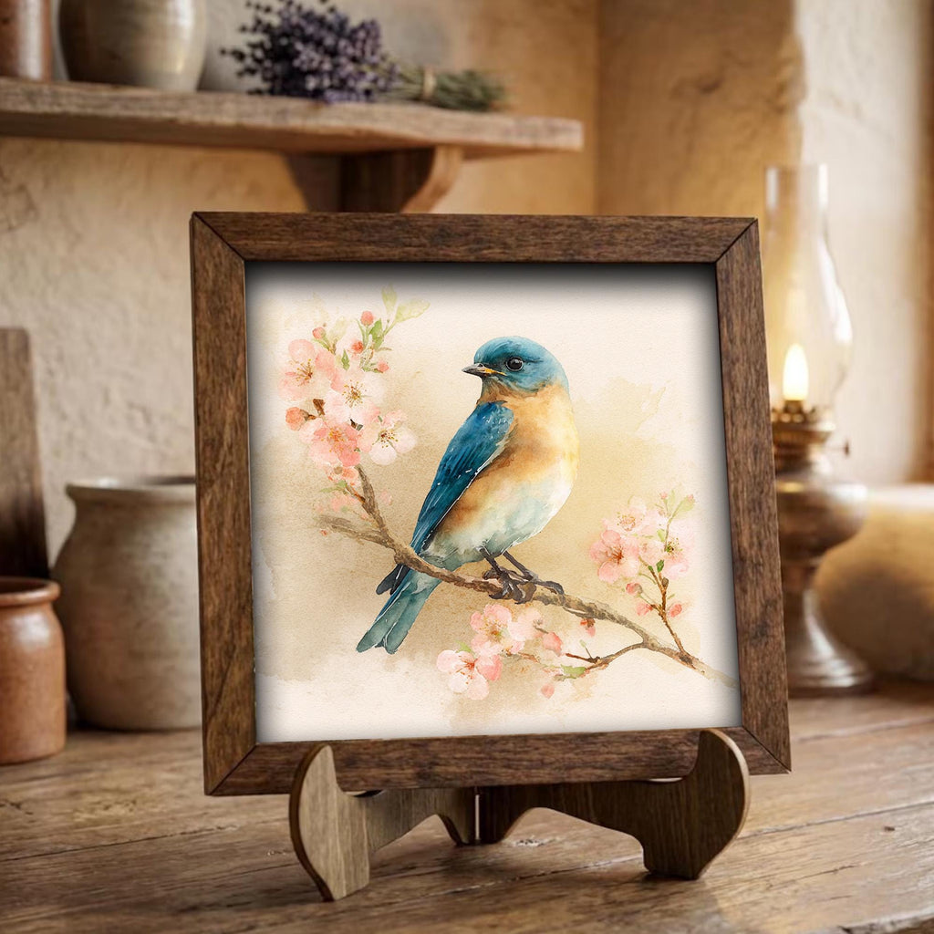 Bluebird Cherry Blossom Sign | Watercolor Spring Bird Art, Rustic Farmhouse Decor - TheGrumpyRooster