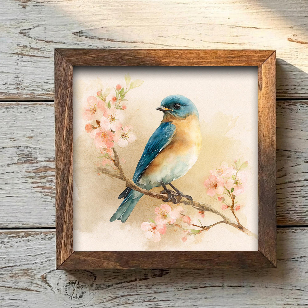 Bluebird Cherry Blossom Sign | Watercolor Spring Bird Art, Rustic Farmhouse Decor - TheGrumpyRooster