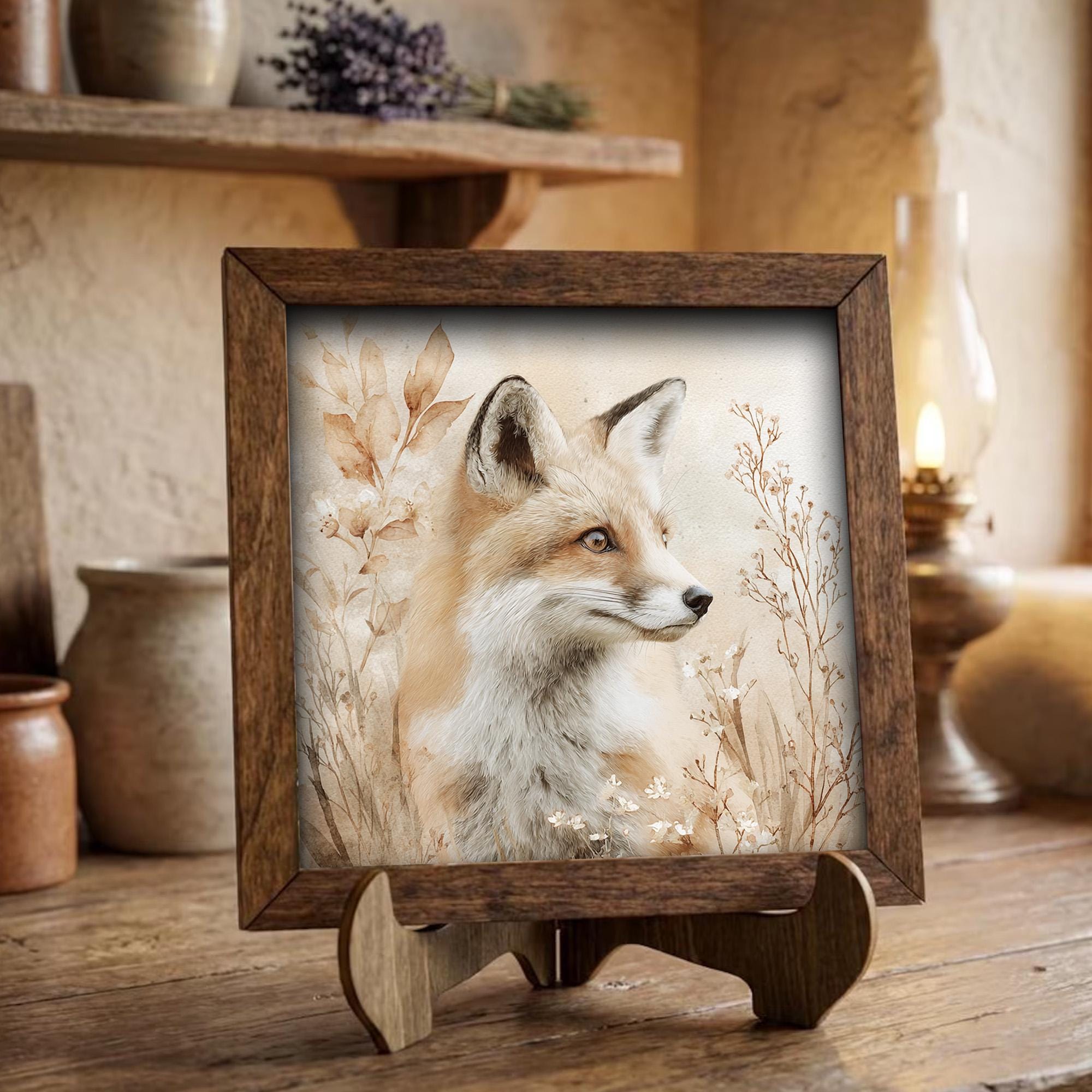 Watercolor Fox Print | Woodland Animal Art, Walnut Frame, Easel Stand - TheGrumpyRooster