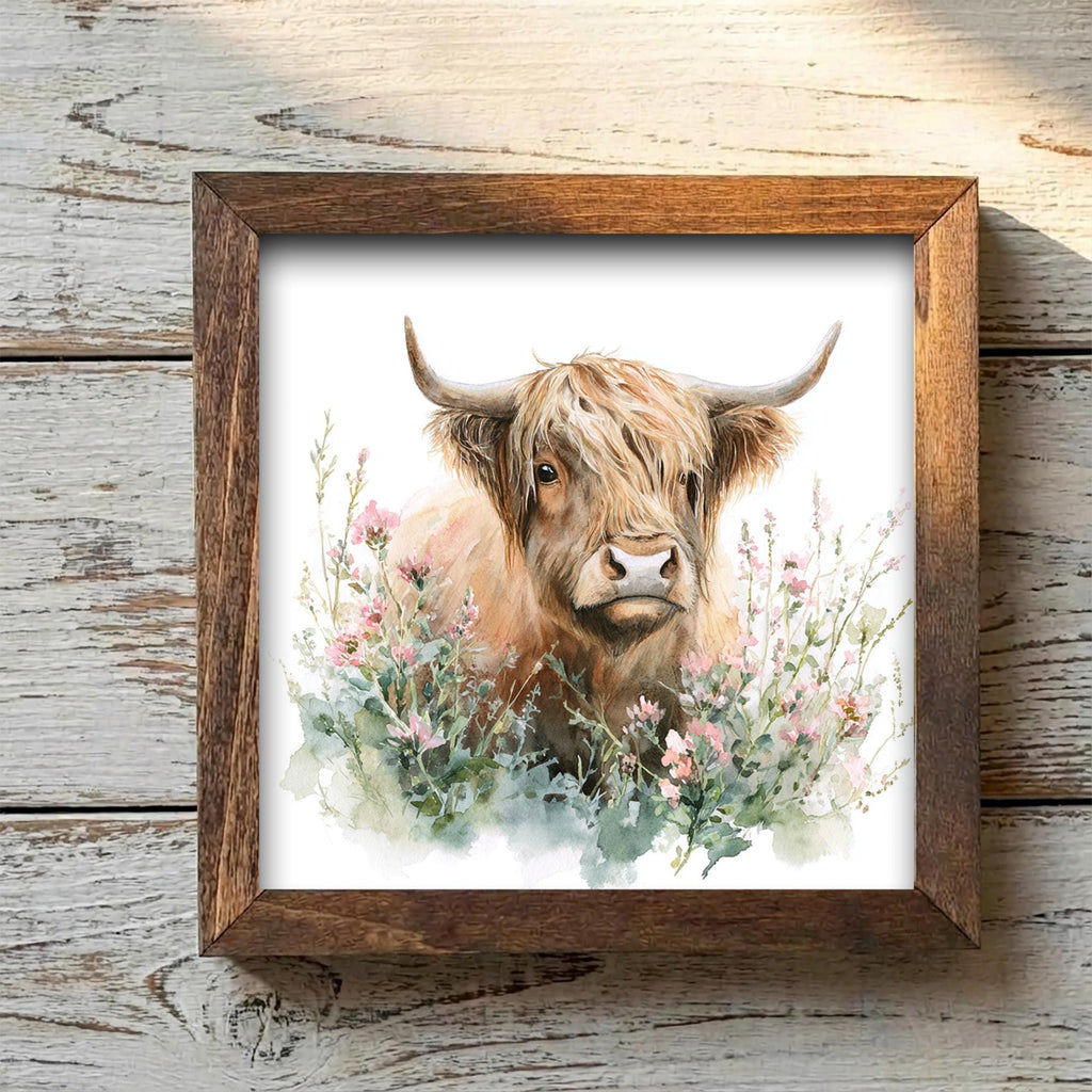 Highland Cow Watercolor Print | Rustic Farmhouse Floral Wall Art - TheGrumpyRooster