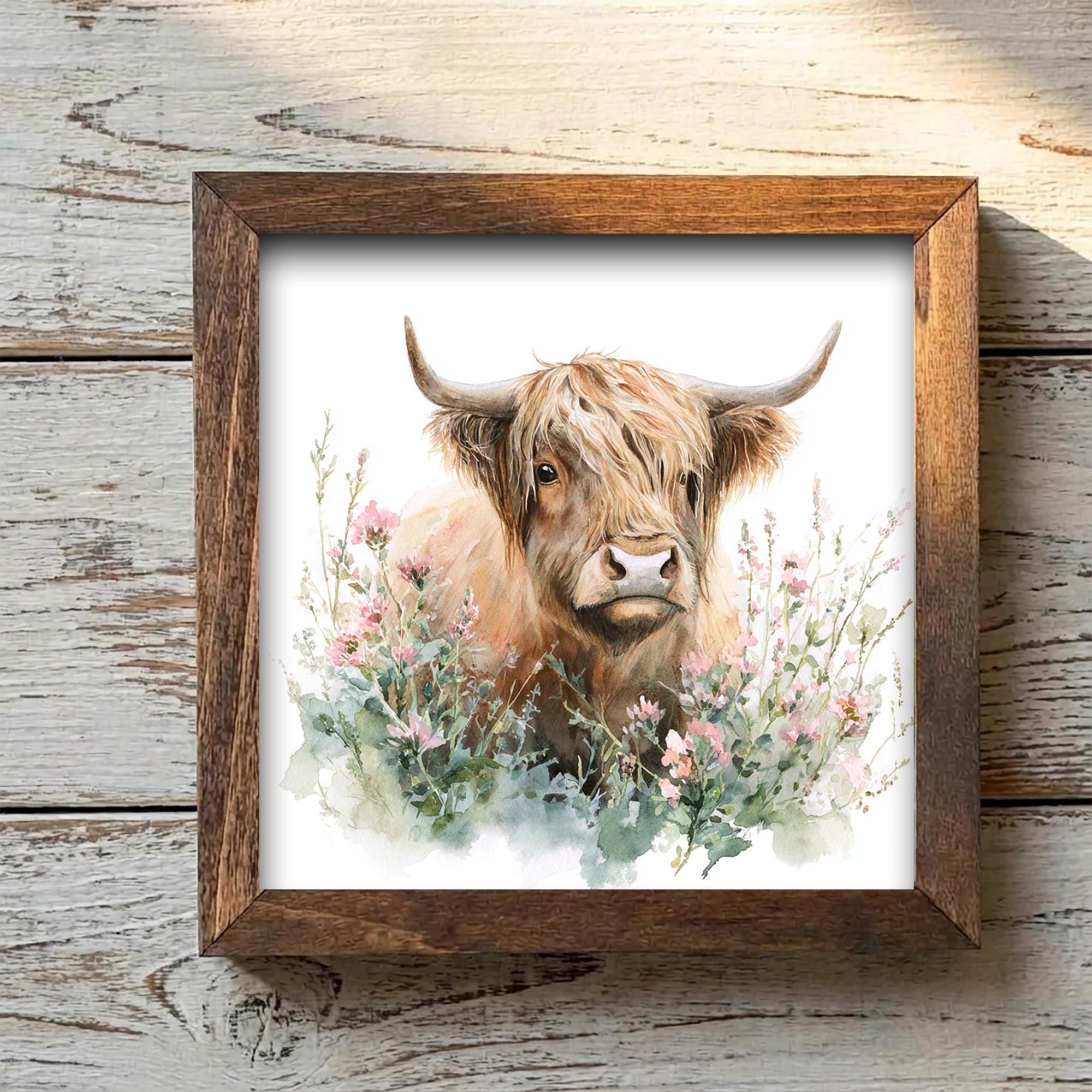 Highland Cow Watercolor Print | Rustic Farmhouse Floral Wall Art - TheGrumpyRooster