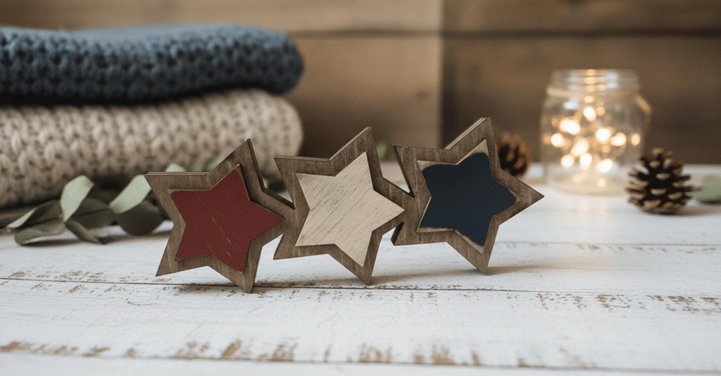 Connected Wood Stars Patriotic Decor, Americana Star Trio Shelf Sitter, 4th of July Tabletop Sign, Rustic Farmhouse Red White Blue Decor - TheGrumpyRooster