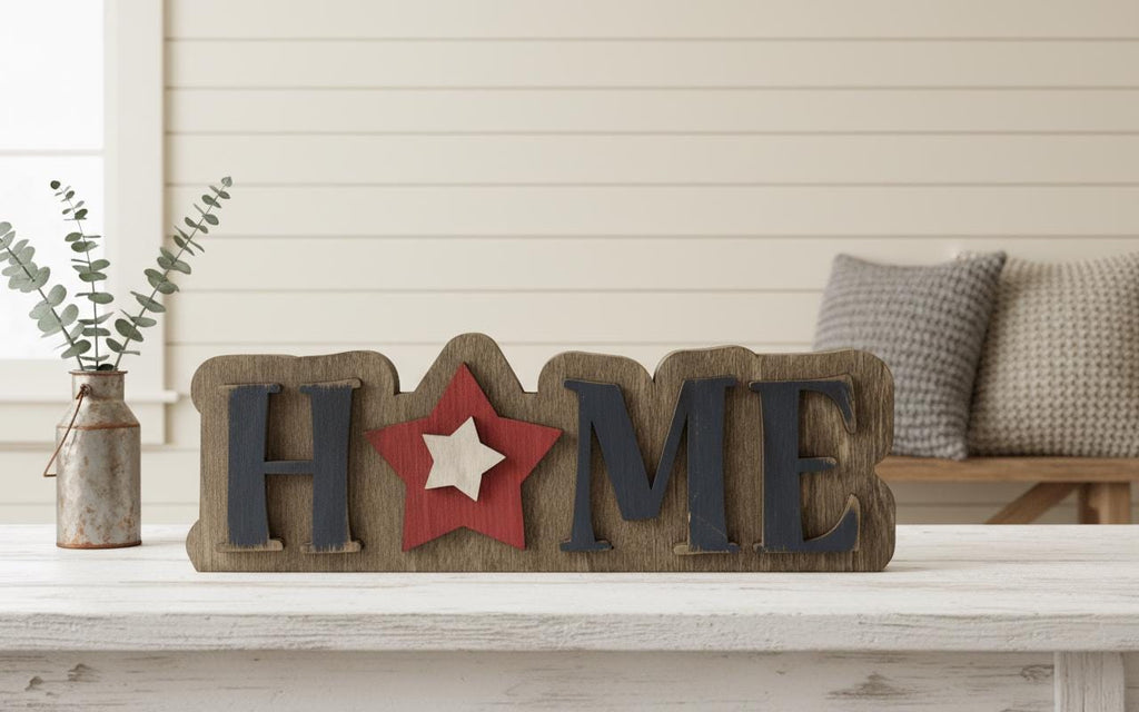 HOME Sign Patriotic Wood Decor, Americana Farmhouse Tabletop Sign, Red White Blue Star, 4th of July Mantel Decor, Rustic Country Home Sign - TheGrumpyRooster