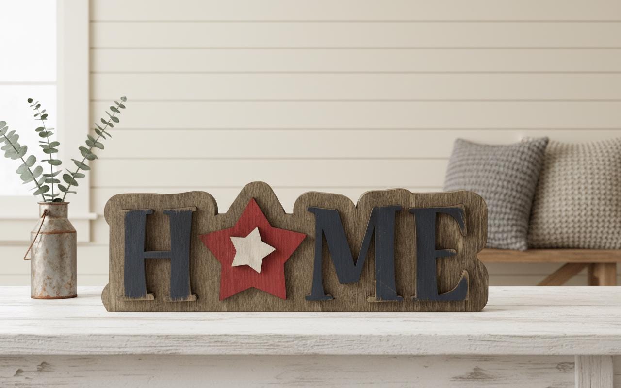 HOME Sign Patriotic Wood Decor, Americana Farmhouse Tabletop Sign, Red White Blue Star, 4th of July Mantel Decor, Rustic Country Home Sign - TheGrumpyRooster