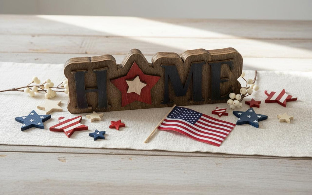 HOME Sign Patriotic Wood Decor, Americana Farmhouse Tabletop Sign, Red White Blue Star, 4th of July Mantel Decor, Rustic Country Home Sign - TheGrumpyRooster