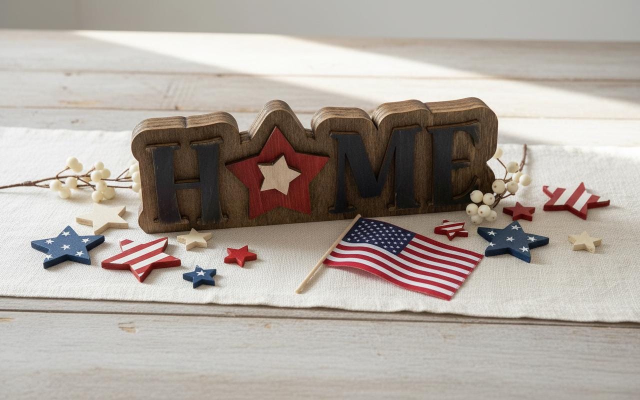 HOME Sign Patriotic Wood Decor, Americana Farmhouse Tabletop Sign, Red White Blue Star, 4th of July Mantel Decor, Rustic Country Home Sign - TheGrumpyRooster