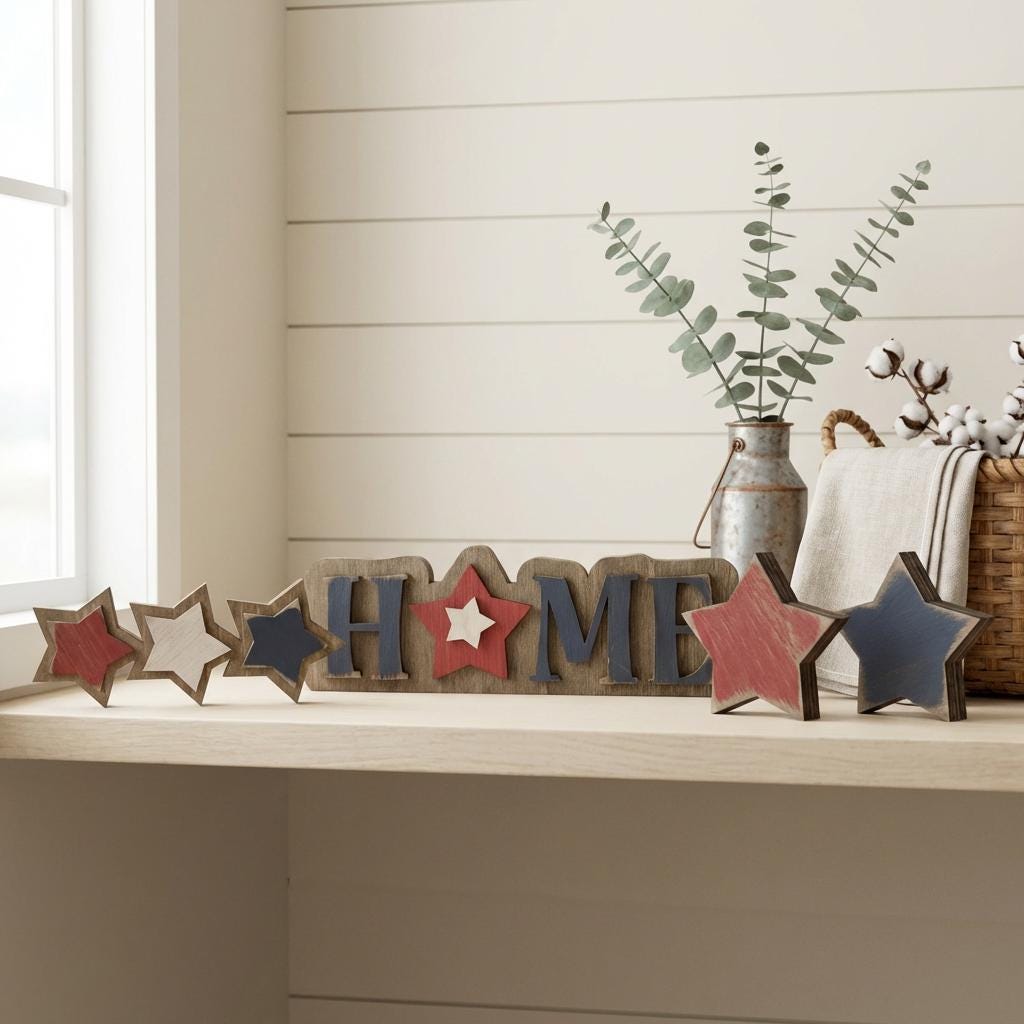 HOME Sign Patriotic Wood Decor, Americana Farmhouse Tabletop Sign, Red White Blue Star, 4th of July Mantel Decor, Rustic Country Home Sign - TheGrumpyRooster