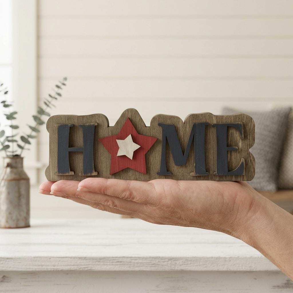 HOME Sign Patriotic Wood Decor, Americana Farmhouse Tabletop Sign, Red White Blue Star, 4th of July Mantel Decor, Rustic Country Home Sign - TheGrumpyRooster