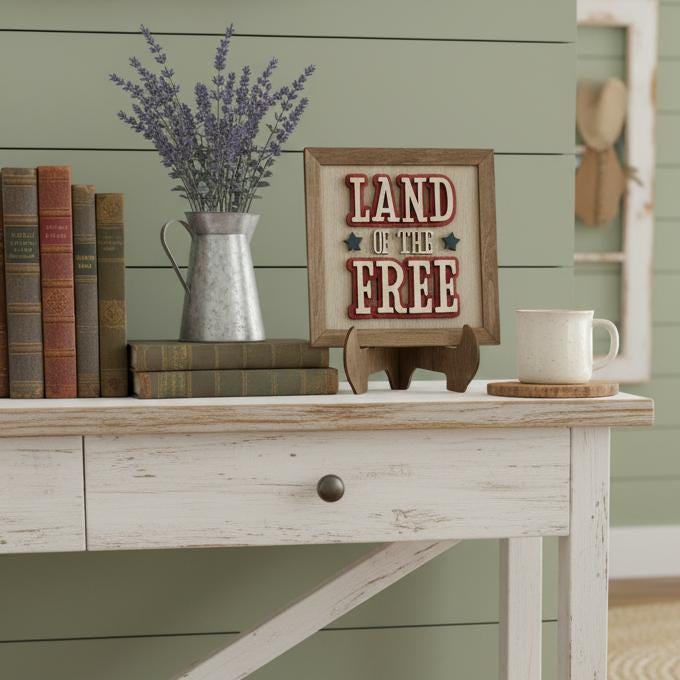 Land of the Free Wood Sign | Farmhouse Americana Decor, Tiered Tray Shelf Sitter - TheGrumpyRooster