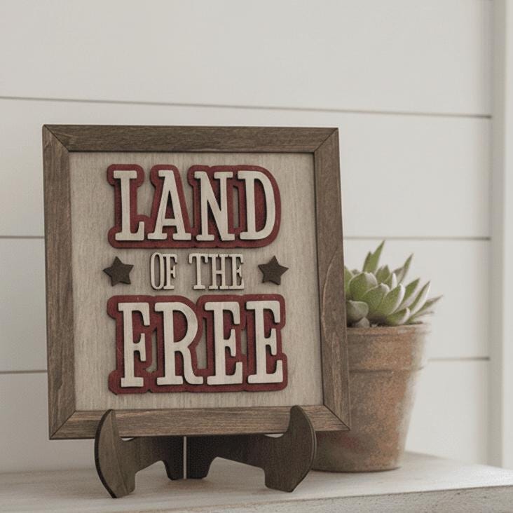 Land of the Free Wood Sign | Farmhouse Americana Decor, Tiered Tray Shelf Sitter - TheGrumpyRooster