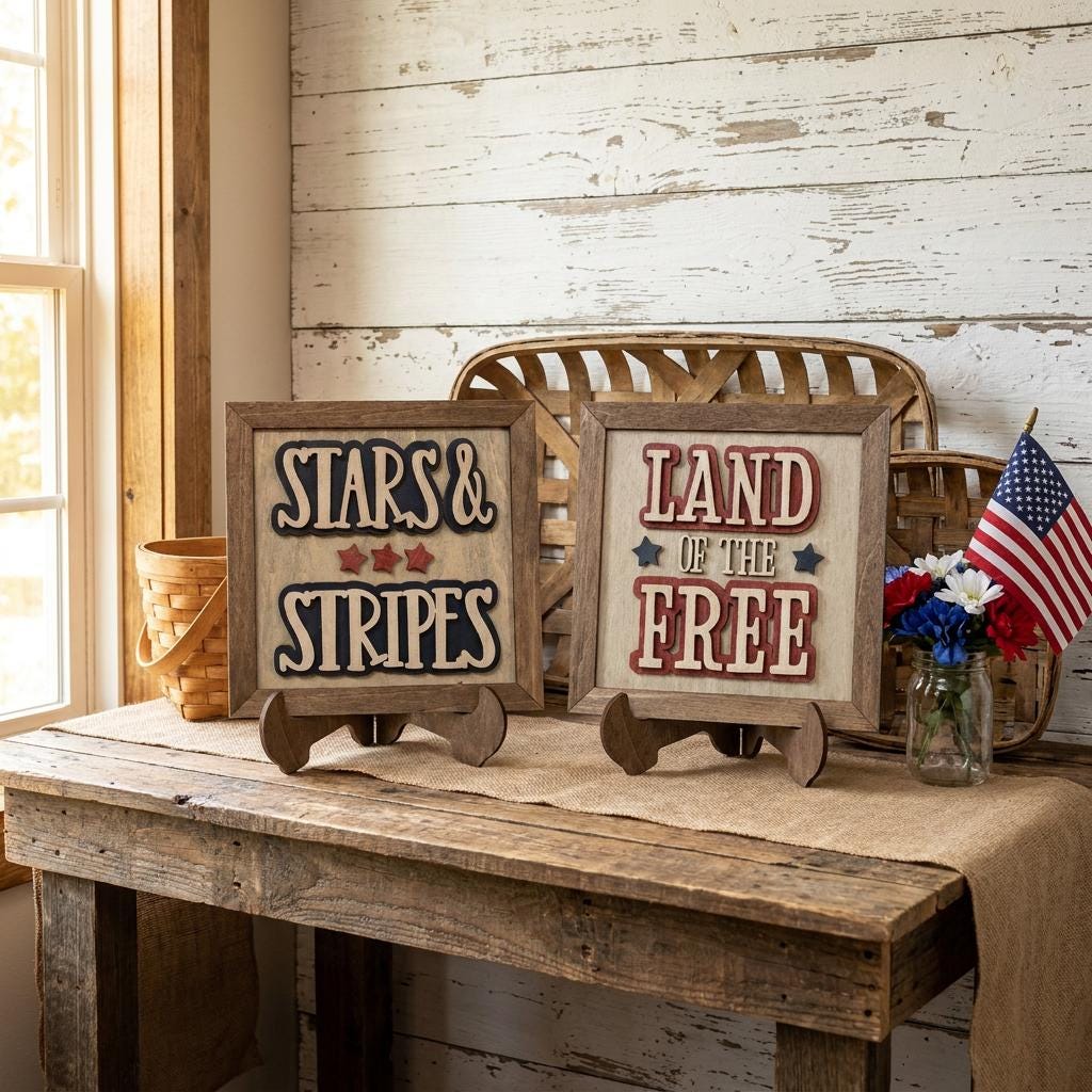 Patriotic Wood Signs | Stars Stripes, Land Free | Farmhouse 4th July Decor - TheGrumpyRooster