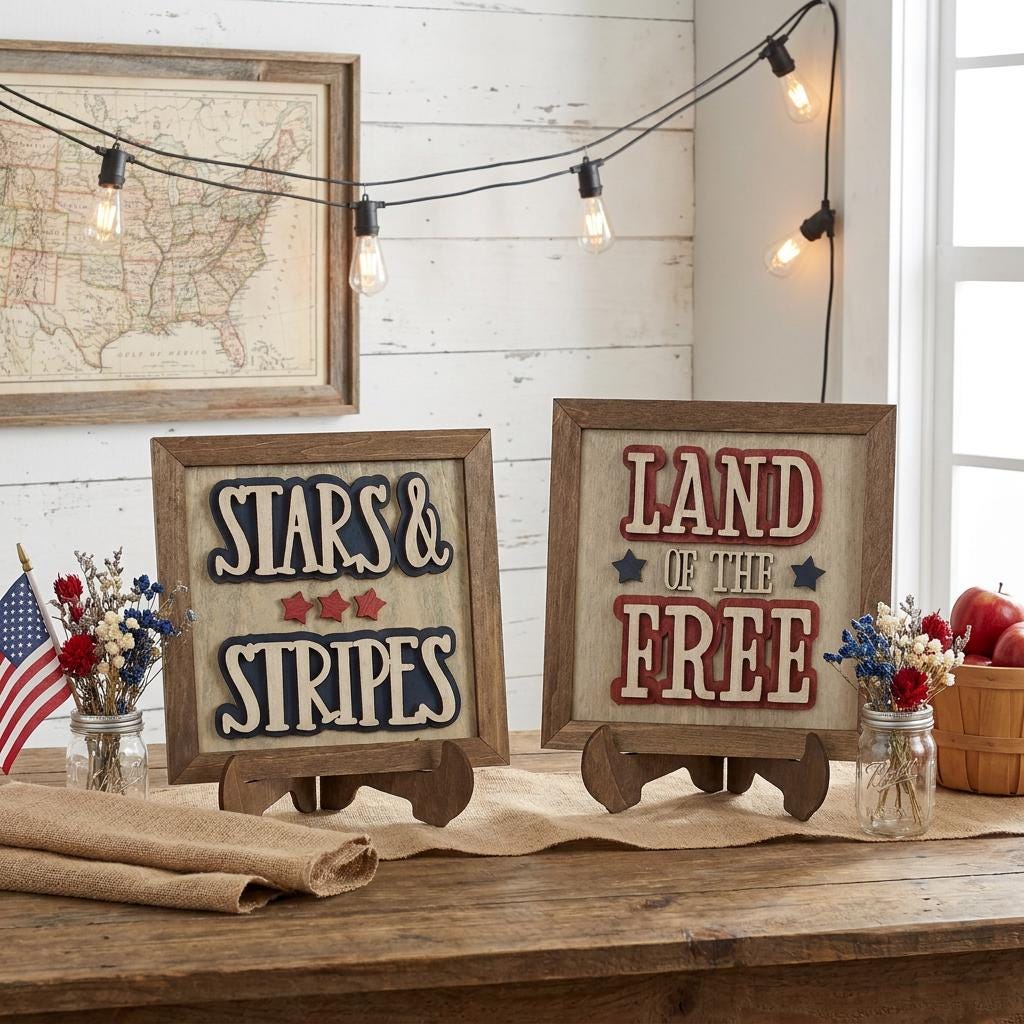 Patriotic Wood Signs | Stars Stripes, Land Free | Farmhouse 4th July Decor - TheGrumpyRooster