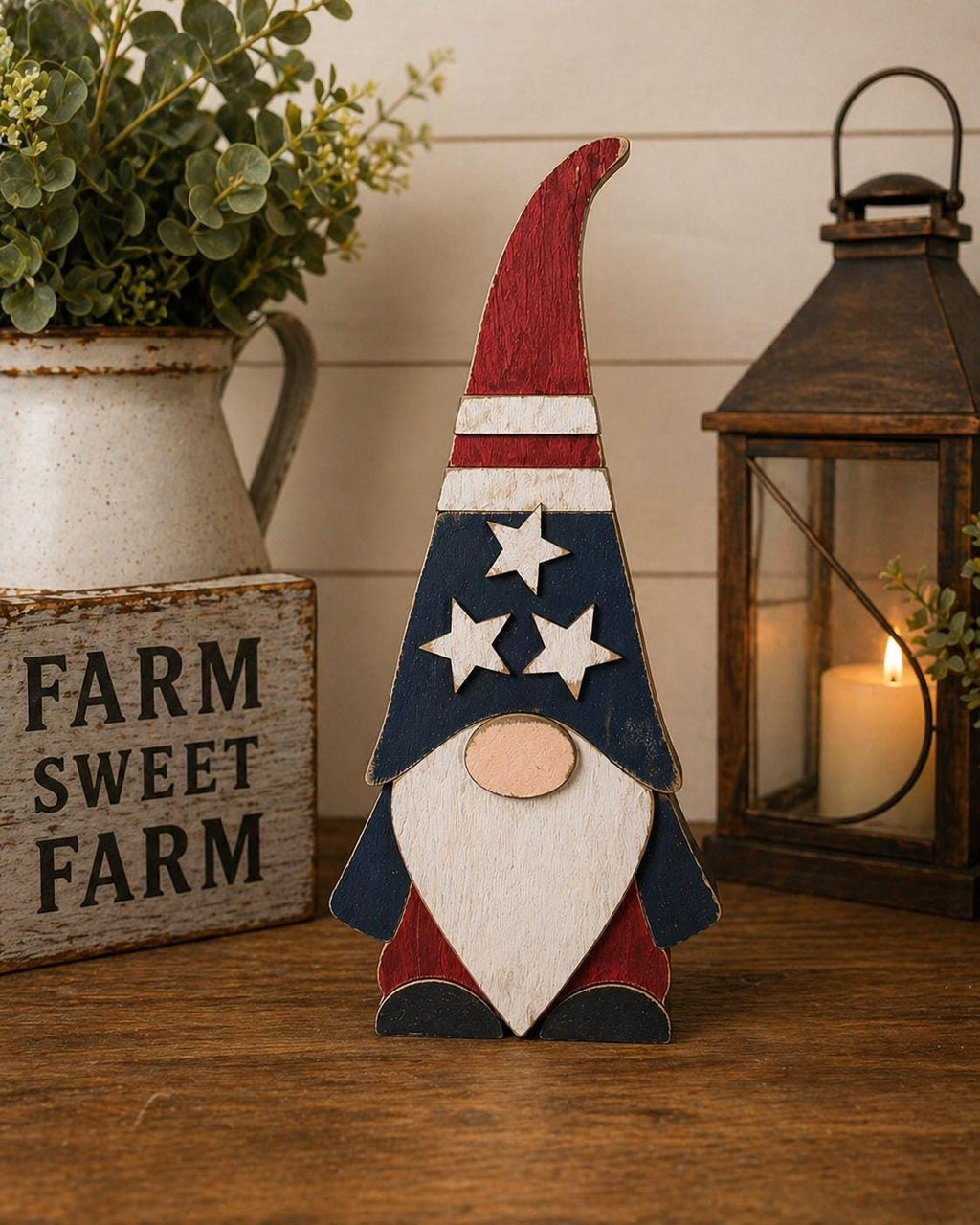 Patriotic Wood Gnome Shelf Sitter | Farmhouse Americana Tiered Tray Decor - TheGrumpyRooster