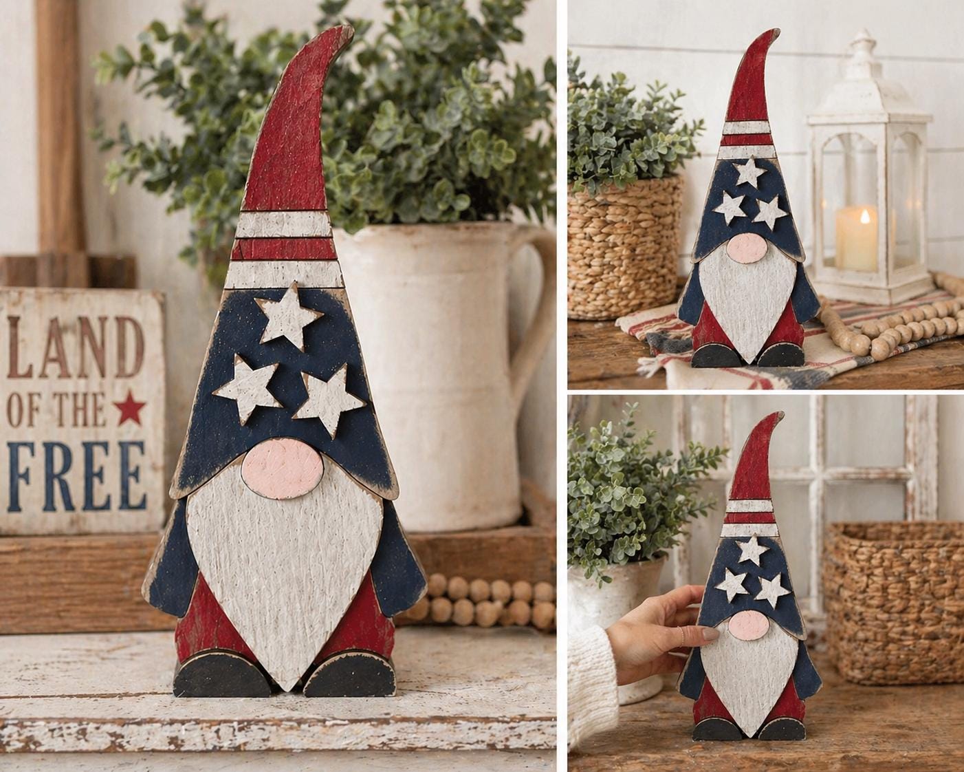 Patriotic Wood Gnome Shelf Sitter | Farmhouse Americana Tiered Tray Decor - TheGrumpyRooster