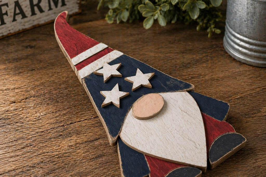 Patriotic Wood Gnome Shelf Sitter | Farmhouse Americana Tiered Tray Decor - TheGrumpyRooster