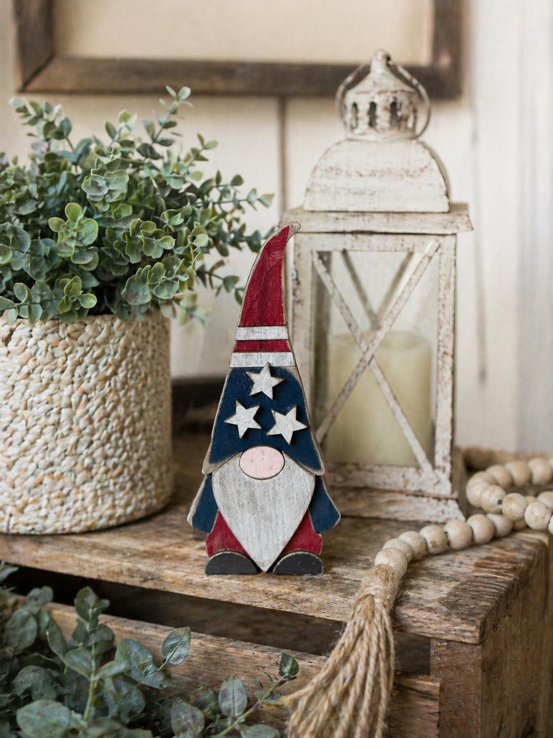 Patriotic Wood Gnome Shelf Sitter | Farmhouse Americana Tiered Tray Decor - TheGrumpyRooster