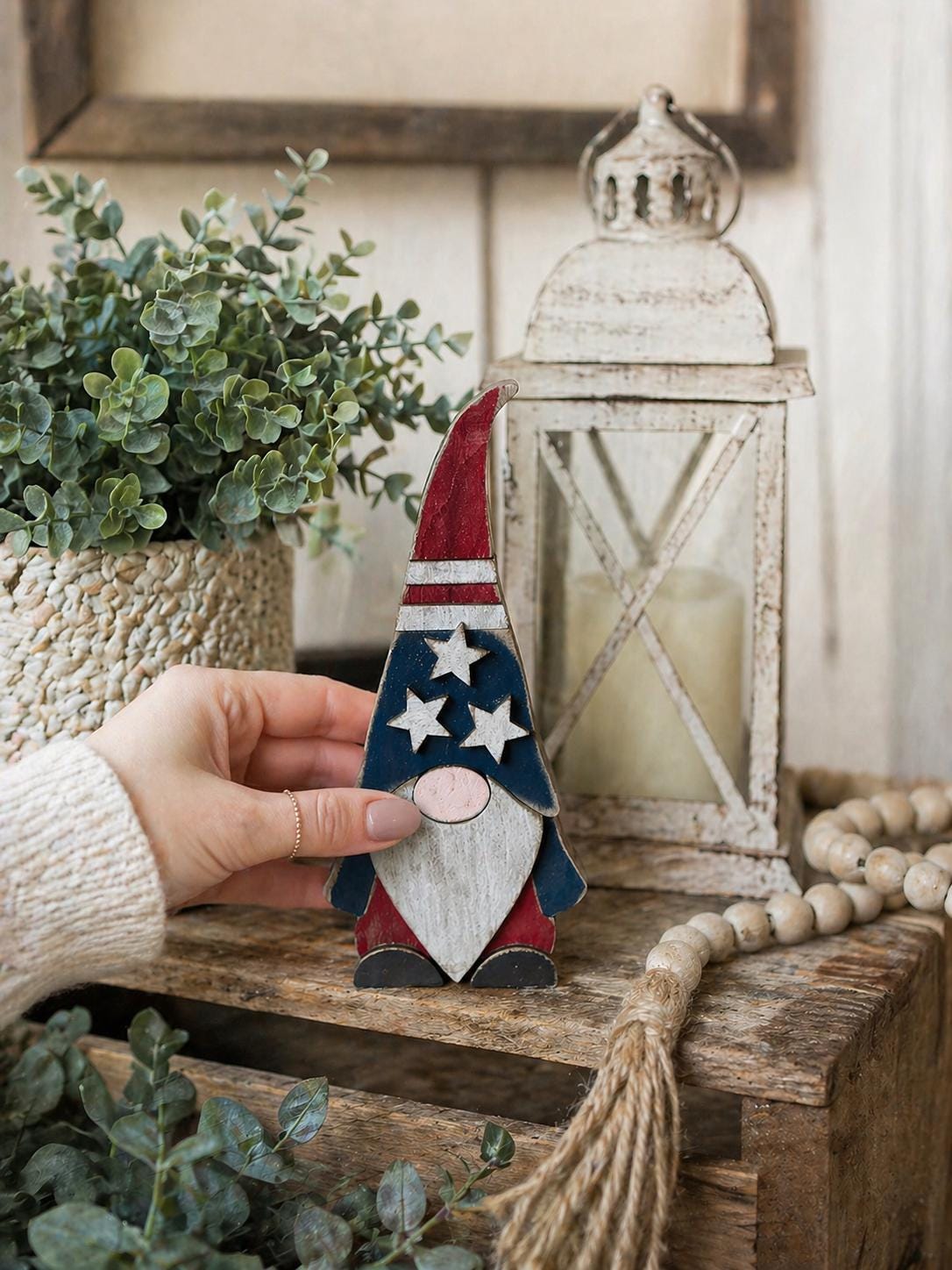 Patriotic Wood Gnome Shelf Sitter | Farmhouse Americana Tiered Tray Decor - TheGrumpyRooster
