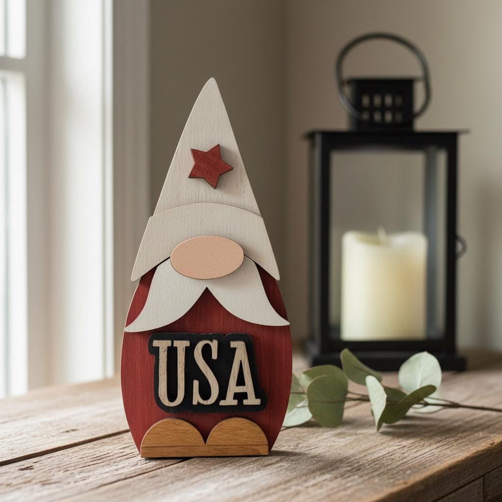 Patriotic USA Gnome Shelf Sitter | Rustic Farmhouse 4th of July Decor | Tiered Tray Americana Decor | Summer Farmhouse Gift - TheGrumpyRooster