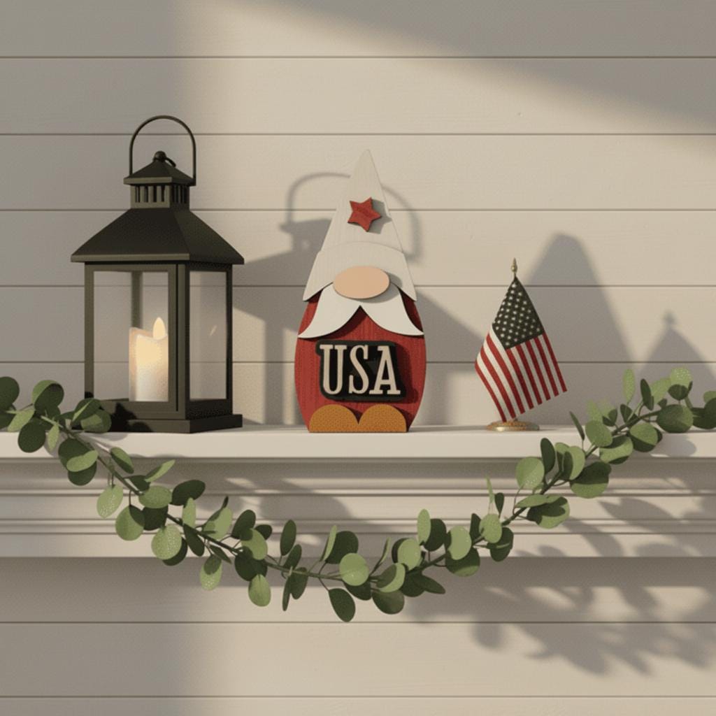 Patriotic USA Gnome Shelf Sitter | Rustic Farmhouse 4th of July Decor | Tiered Tray Americana Decor | Summer Farmhouse Gift - TheGrumpyRooster