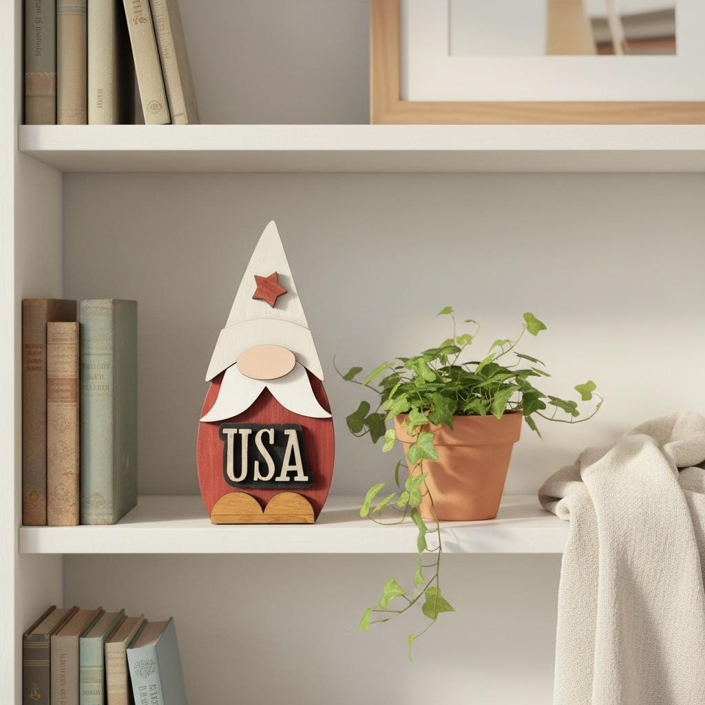 Patriotic USA Gnome Shelf Sitter | Rustic Farmhouse 4th of July Decor | Tiered Tray Americana Decor | Summer Farmhouse Gift - TheGrumpyRooster