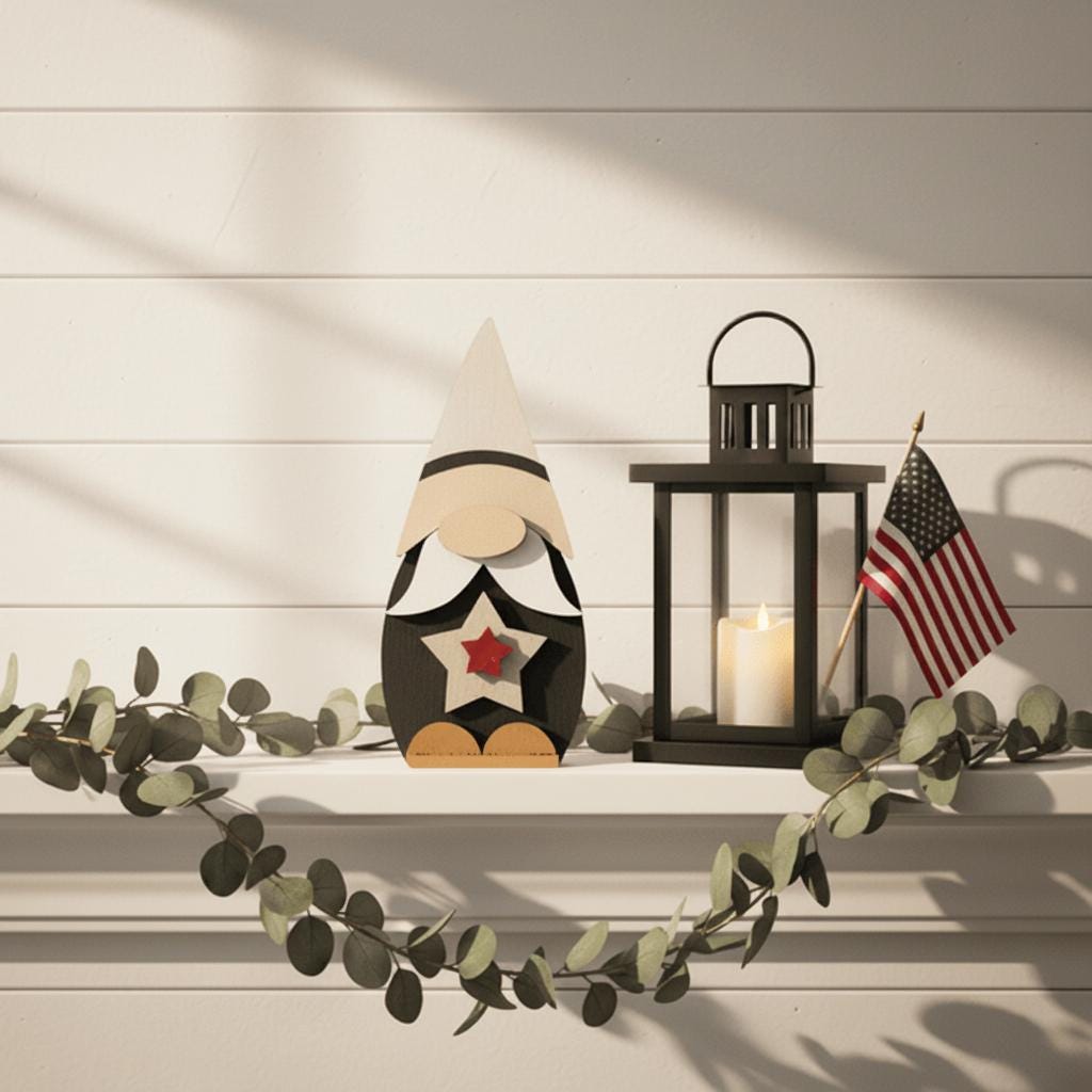 Patriotic Star Gnome Shelf Sitter | Rustic Farmhouse Americana Decor | Tiered Tray 4th of July Decor | Summer Shelf Decor Gift - TheGrumpyRooster