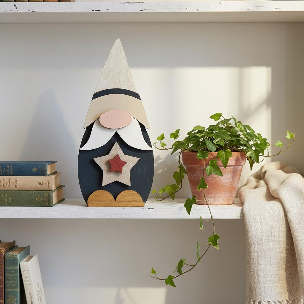 Patriotic Star Gnome Shelf Sitter | Rustic Farmhouse Americana Decor | Tiered Tray 4th of July Decor | Summer Shelf Decor Gift - TheGrumpyRooster