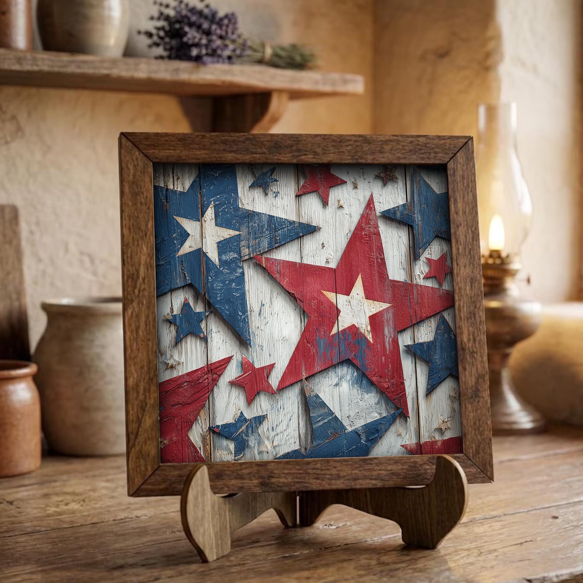 Patriotic Star Wood Sign | Rustic Farmhouse Americana Decor | 4th of July Shelf Sitter | Tiered Tray Star Decor Gift - TheGrumpyRooster