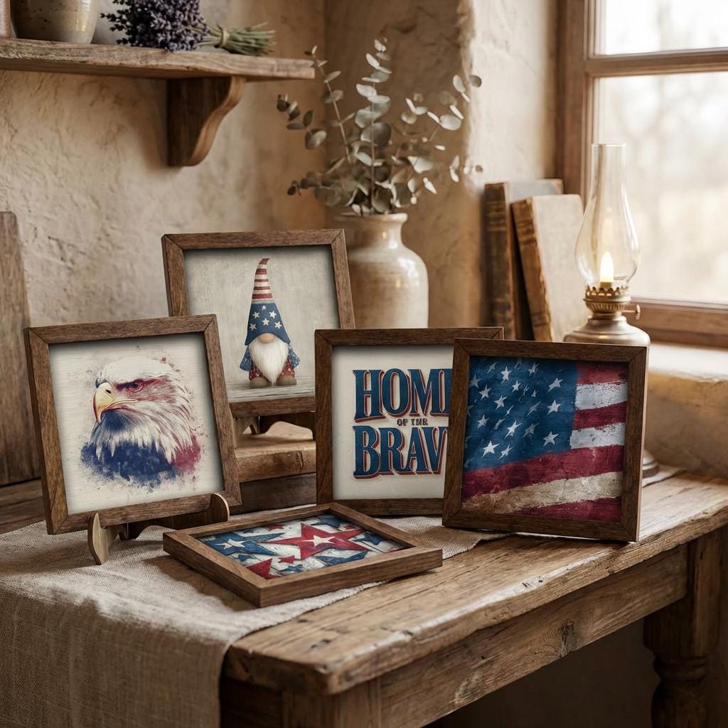 Patriotic Wood Sign Set of 5 | Farmhouse Americana Decor Bundle | 4th of July Tiered Tray Set | Rustic Shelf Sitter Gift Set - TheGrumpyRooster